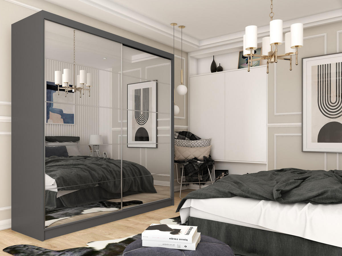 SCHWEBETÜRENSCHRANK FIORELLA 200/216/61 cm 2-türig mit Spiegel Grau - Grau, Holzwerkstoff (200/216/61cm) - MASSENO