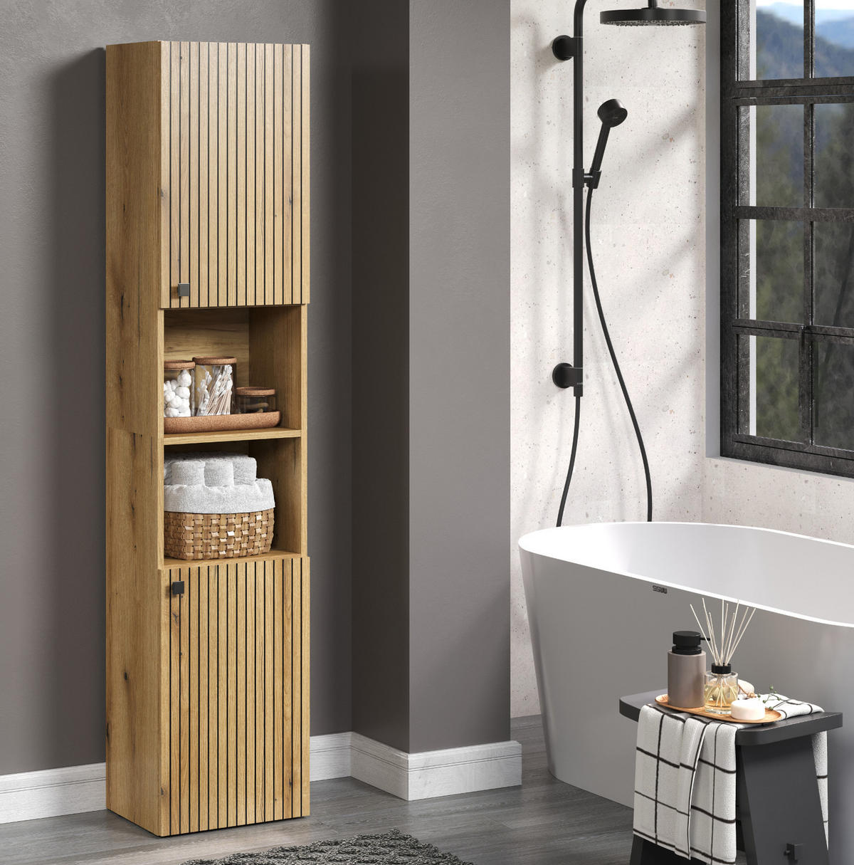 HOCHSCHRANK Evoke Eiche 40 x 186 cm, Badschrank mit 6 Fächern - Eichefarben/Schwarz, Holzwerkstoff/Kunststoff (40/186/3cm) - Top.Furn