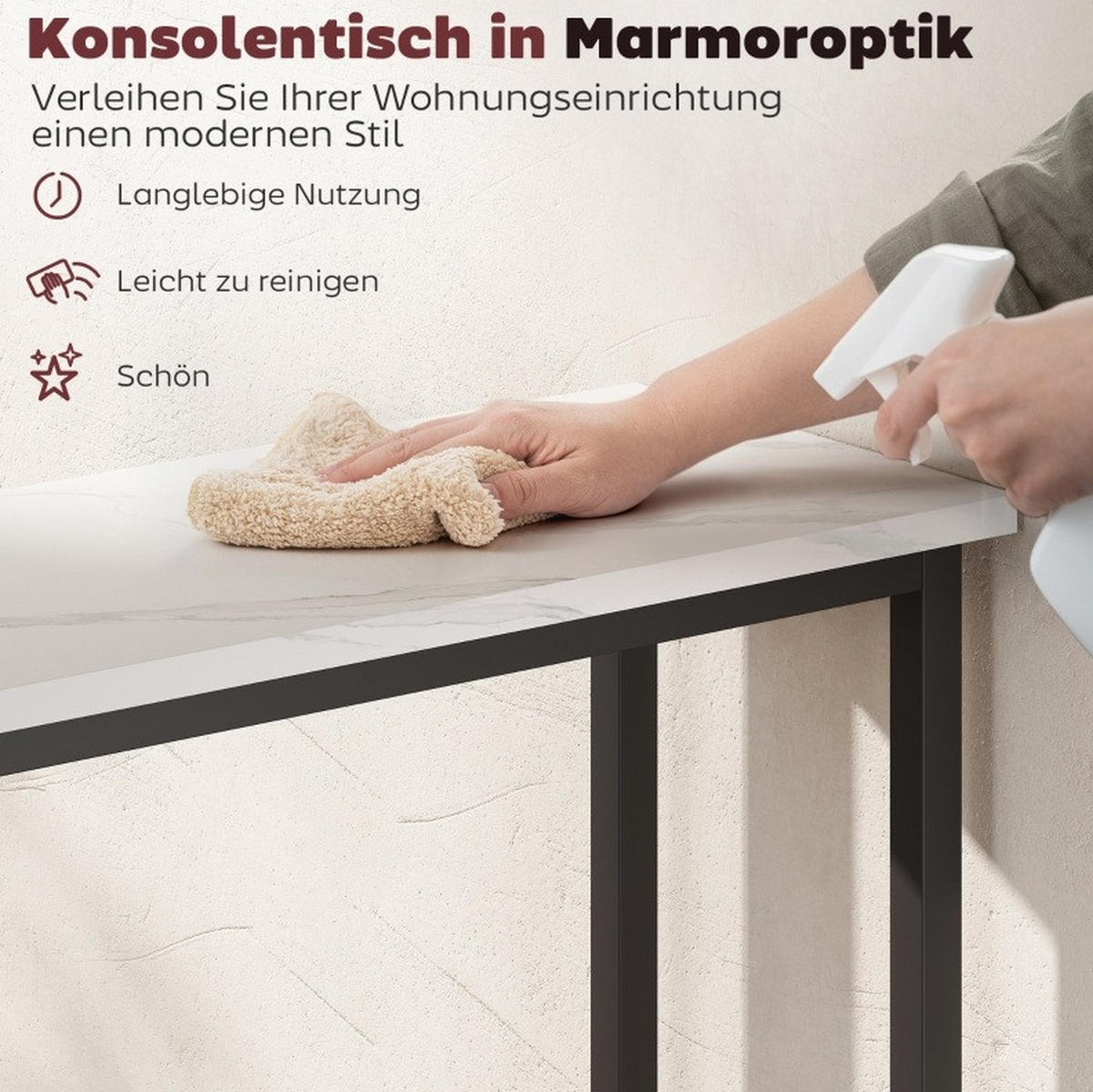 KONSOLENTISCH aus Holz und Metall 75x24x76 cm Schwarz mit Marmoroptik und Kippschutz - Schwarz, Holz (75/24/76cm) - IVMEU