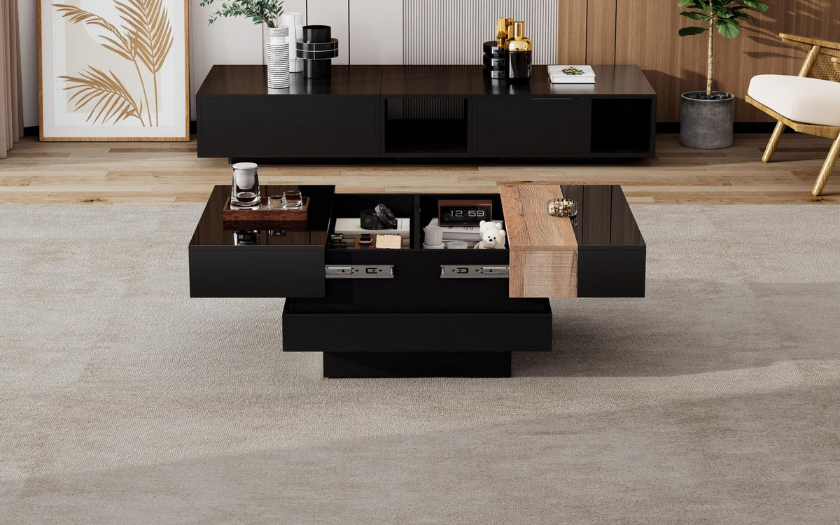 COUCHTISCH mit ausziehbarer Platte & Stauraum, MDF/PB, Schwarz-Holz Optik, Hochglanz, 70/70/39 cm,Schwarz - Schwarz, Holzwerkstoff (70/70/39cm) - Redom
