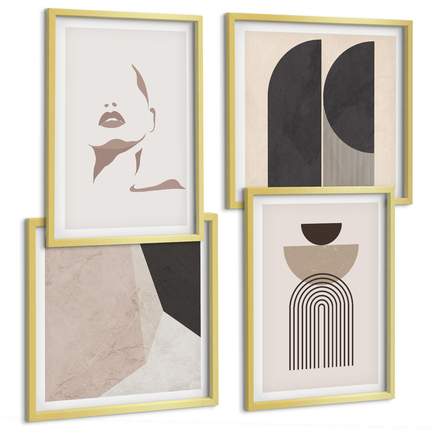BILDER SET 4er Set - 50x50 cm & 40x60 cm Goldrahmen - Abstrakte weiß-braune Muster - Goldfarben, Kunststoff (50/50cm) - TULUP
