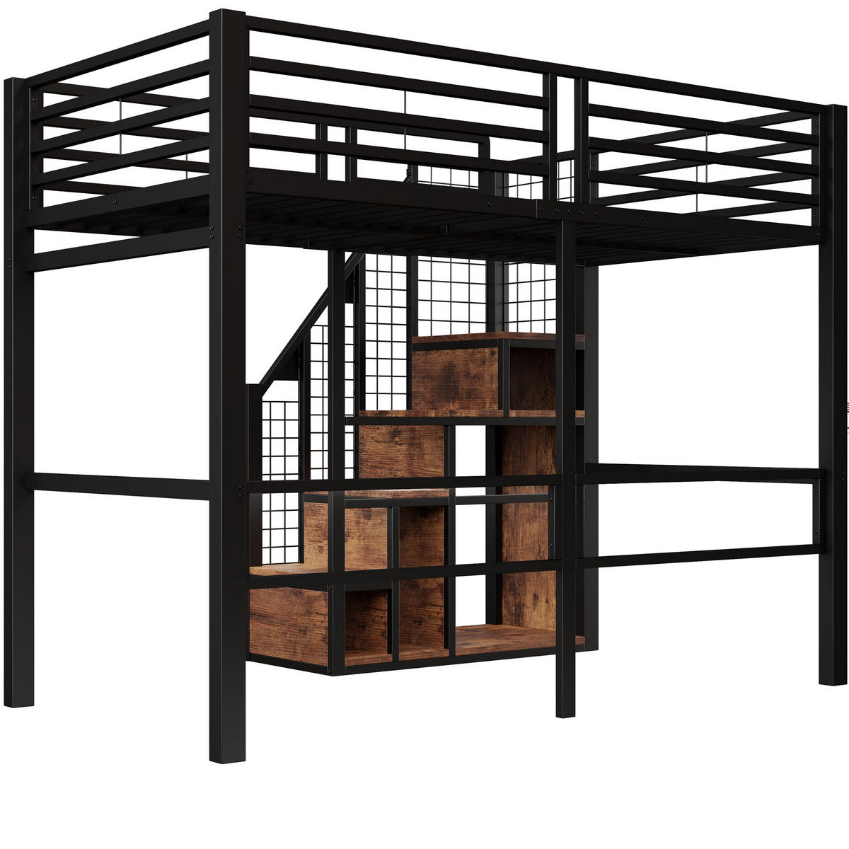 HOCHBETT aus Metall 90x200 cm in Schwarz mit Treppe & Stauraum - Schwarz, Metall (90/200cm) - Modfu