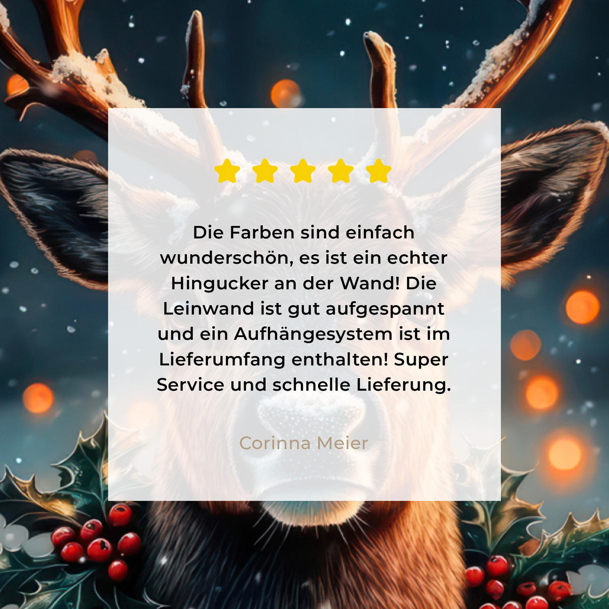 LEINWANDBILD Hirsch - Weihnachten - Winter - Schnee - Weihnachtskranz 40x30 cm - Dunkelbraun, Textil (40/30cm) - MuchoWow