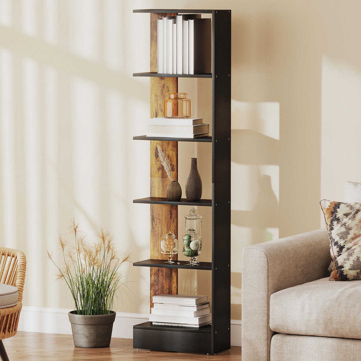 BÜCHERREGAL,5-STÖCKIG 45x21x170cm,braun-schwarz - Braun, Holzwerkstoff (45/170/21cm) - Vallsero