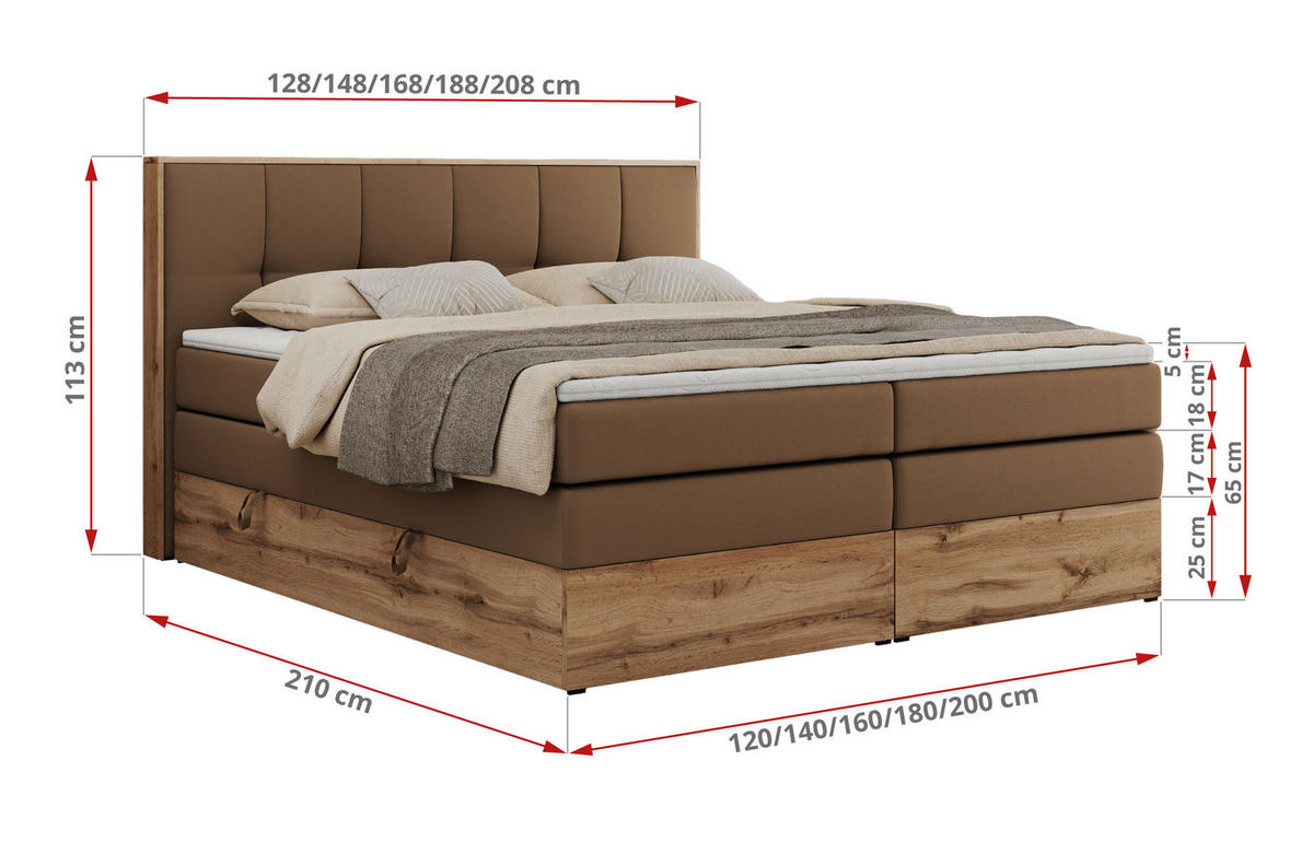 BOXSPRINGBETT ALBERO 1 KING 120/200 Braun Kunstleder - H3 - Braun, Holz/Textil (120/200cm) - MKS