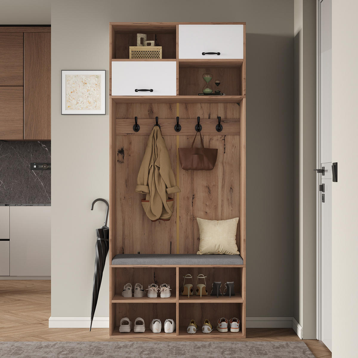 GARDEROBENSET, Komplett-Set Flurgarderobe mit Sitzbank, 5 Haken, 2 Türen & 6 Offener Lagerraum - Naturholzfarbe und Weiß, 80×185×35 cm (B×H×T) - Multicolor, Holzwerkstoff (35/185/80cm) - FLIEKS