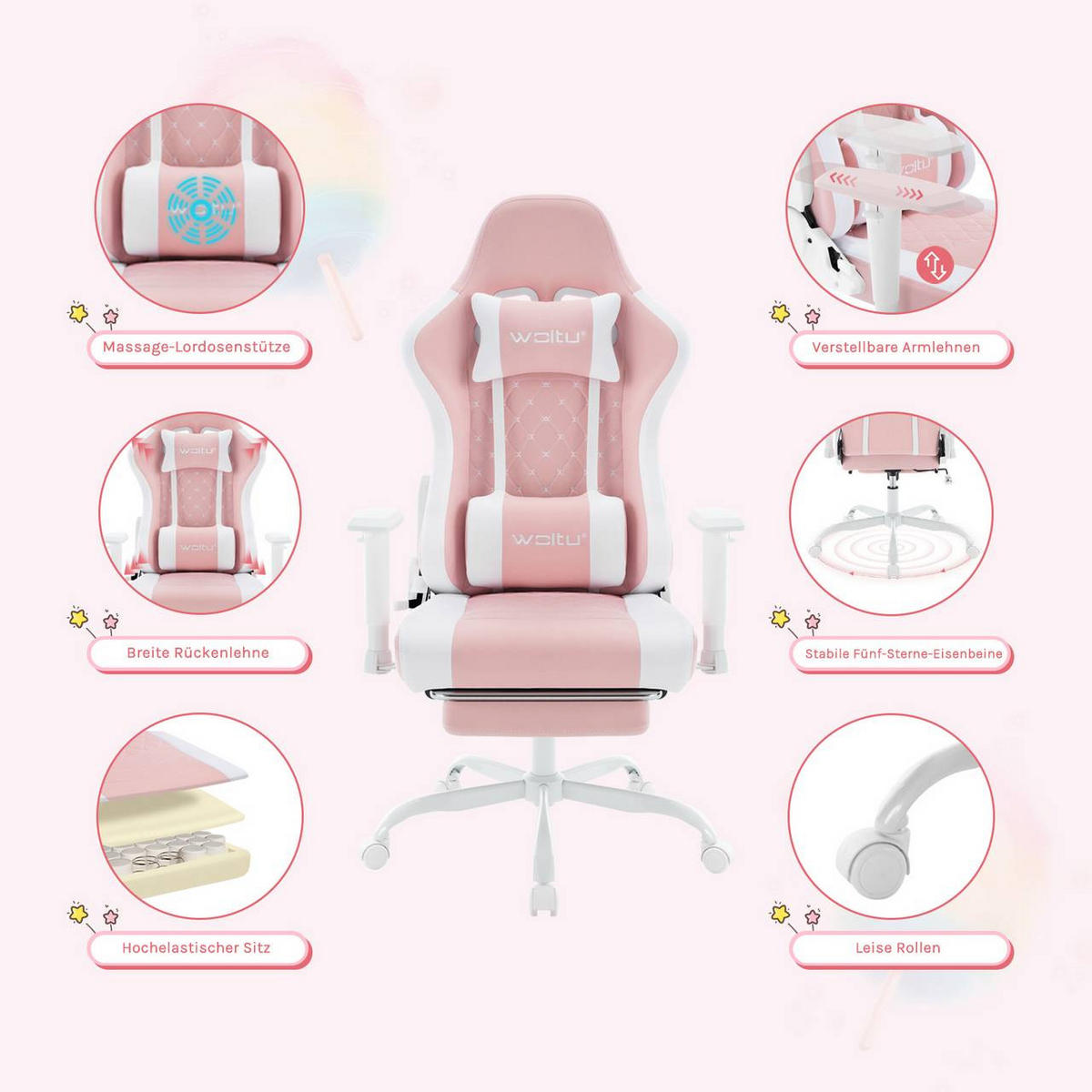 GAMINGSTUHL mit Lendenkissen, Massagefunktion, Rosa+Weiß - Weiß/Rosa, Textil/Metall (70/129/57.5cm) - Woltu