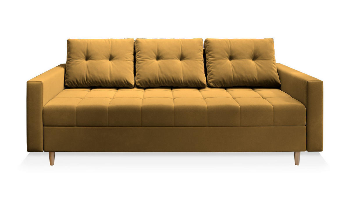 POHOVKA MILO, Plyšová látka KRONOS, Žlutá - žlutá/barva dubu, dřevo/kompozitní dřevo (220/93/87cm) - MASSENO
