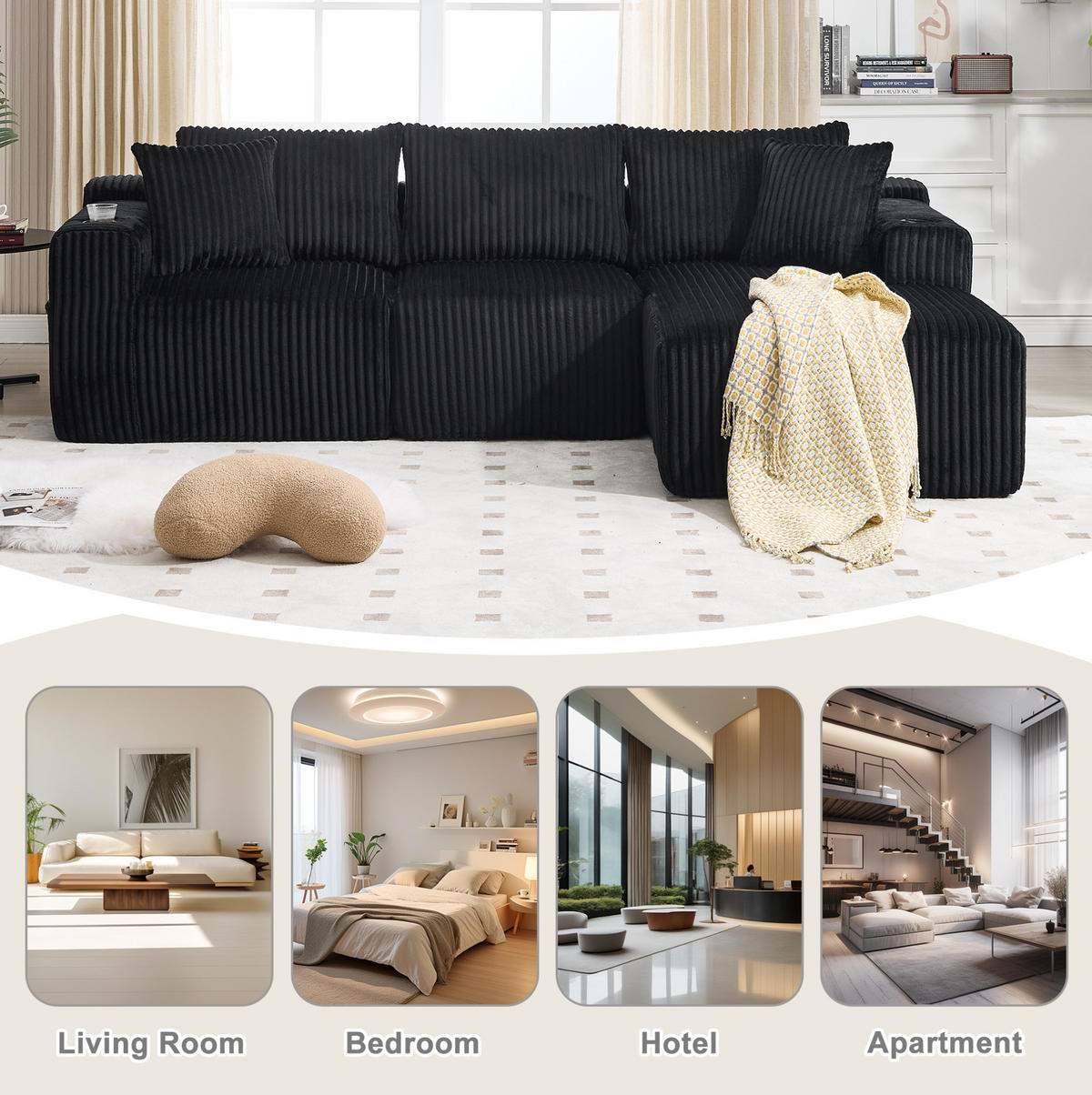 ECKSOFA 257/90-160/62 cm Schwarz aus Cord mit Chaiselongue - Schwarz, Textil (160/257cm) - OKMYHOME