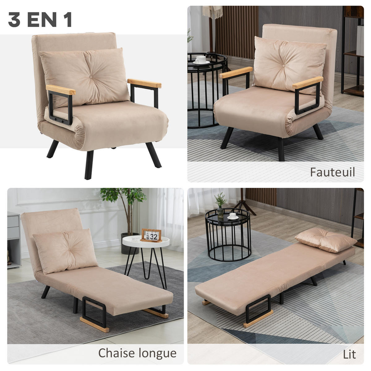 SCHLAFSESSEL 3-in-1 DE-14560 5-fach verstellbar, mit Holzarmlehnen Beige - Beige, Textil (73/81/63cm) - ComfortXL