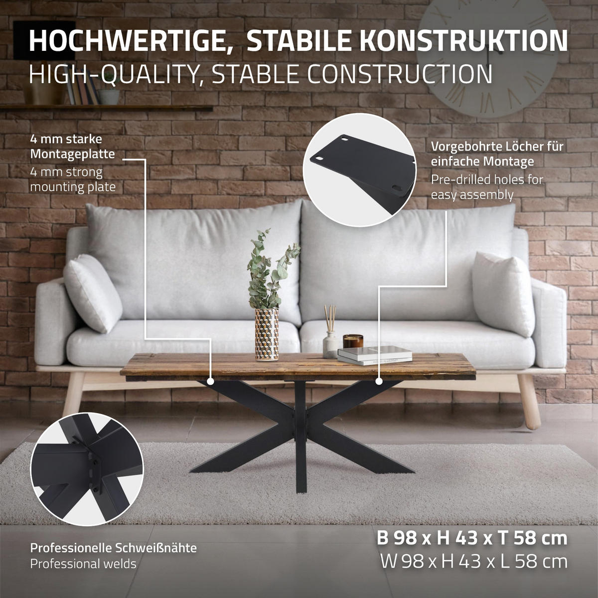 TISCHBEINE - Schwarz, Metall (98/43/58cm) - ML-DESIGN
