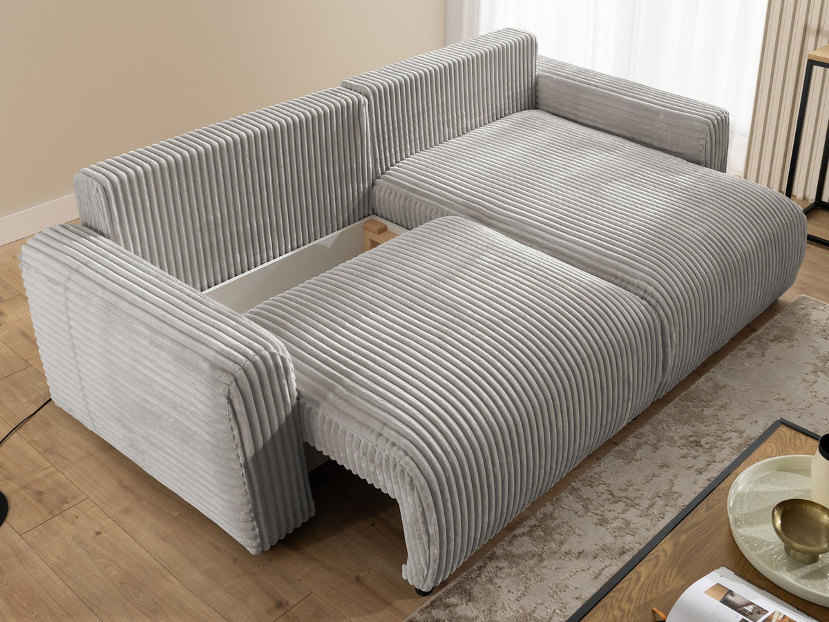 ECKSOFA Calma mit Schlaffunktion und Bettkasten im Bumpy-Design aus weichem Taupe Plüschcord - Ottomane rechts - Taupe/Schwarz, Holz/Kunststoff (140/239cm) - S-Style
