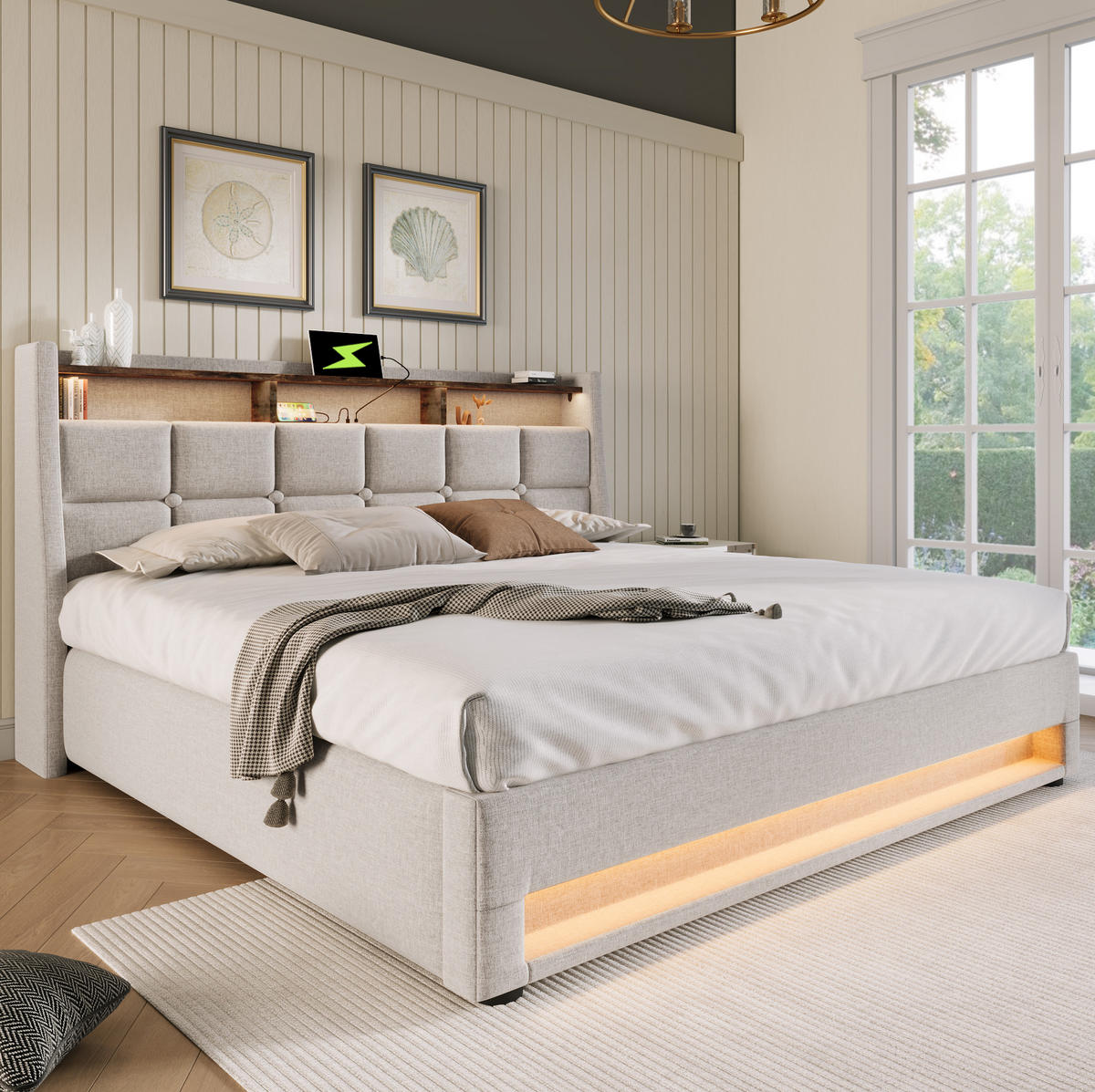 POLSTERBETT mit Stauraum, USB und LED 160x200 cm Leinen Beige - Beige, Metall (160/200cm) - Meubliv