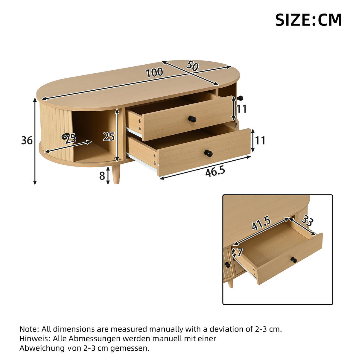 COUCHTISCH in Holzoptik Runder Kaffeetisch mit Rolltüren und Schubladen, Massivholzbeinen, 100/50/36 cm - Hellbraun, Holzwerkstoff (50/100/36cm) - STILVORA