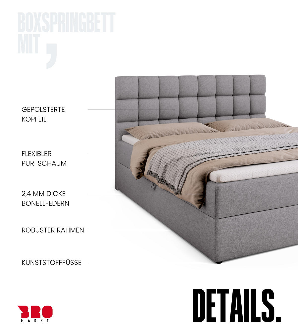 BOXBETT Dakota mit Topper 160/200 Grau - Grau, Textil (160/200cm) - Bromarkt