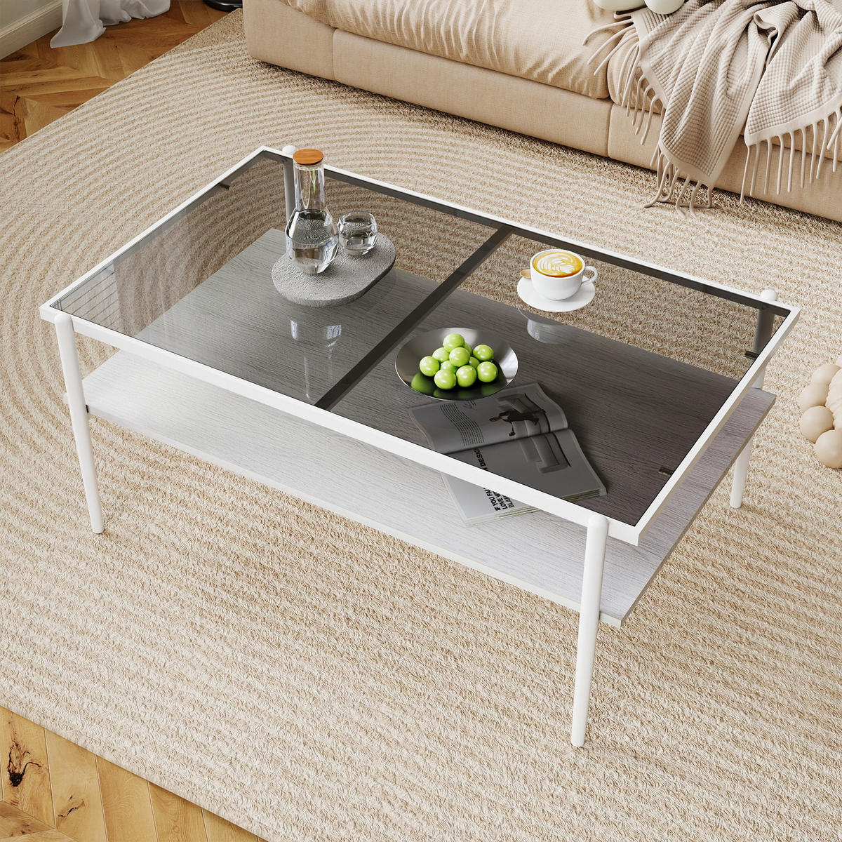 COUCHTISCH mit Glasplatte & MDF-Gestell, Einheitsgröße / Glas + MDF + Eisen - Weiß/Grau, Glas/Holzwerkstoff (97.5/61.5/45cm) - EVRYAE