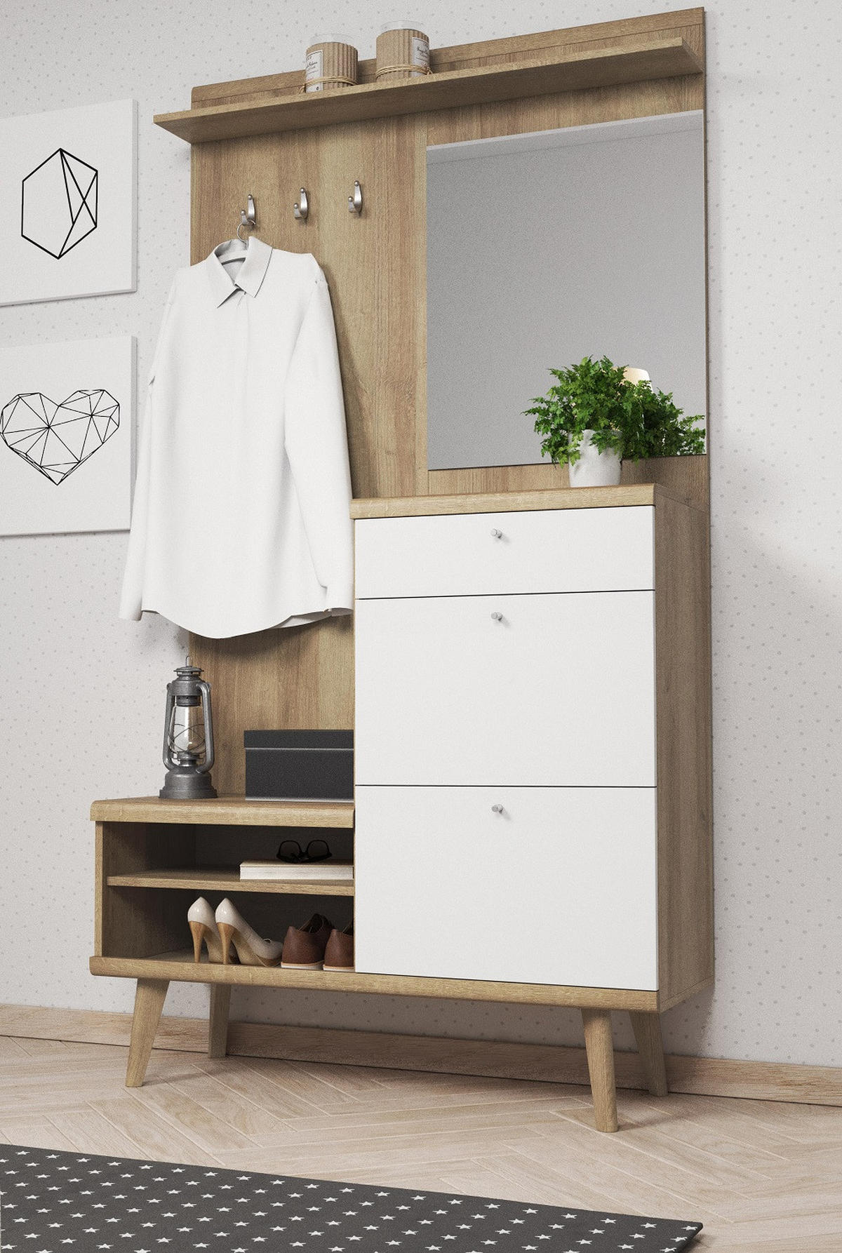 GARDEROBE Riviera Eiche Weiß DRIMO Mit Spiegel Mit Massivholzbeinen - Multicolor, Holzwerkstoff (110/200/34cm) - Sepro Meble