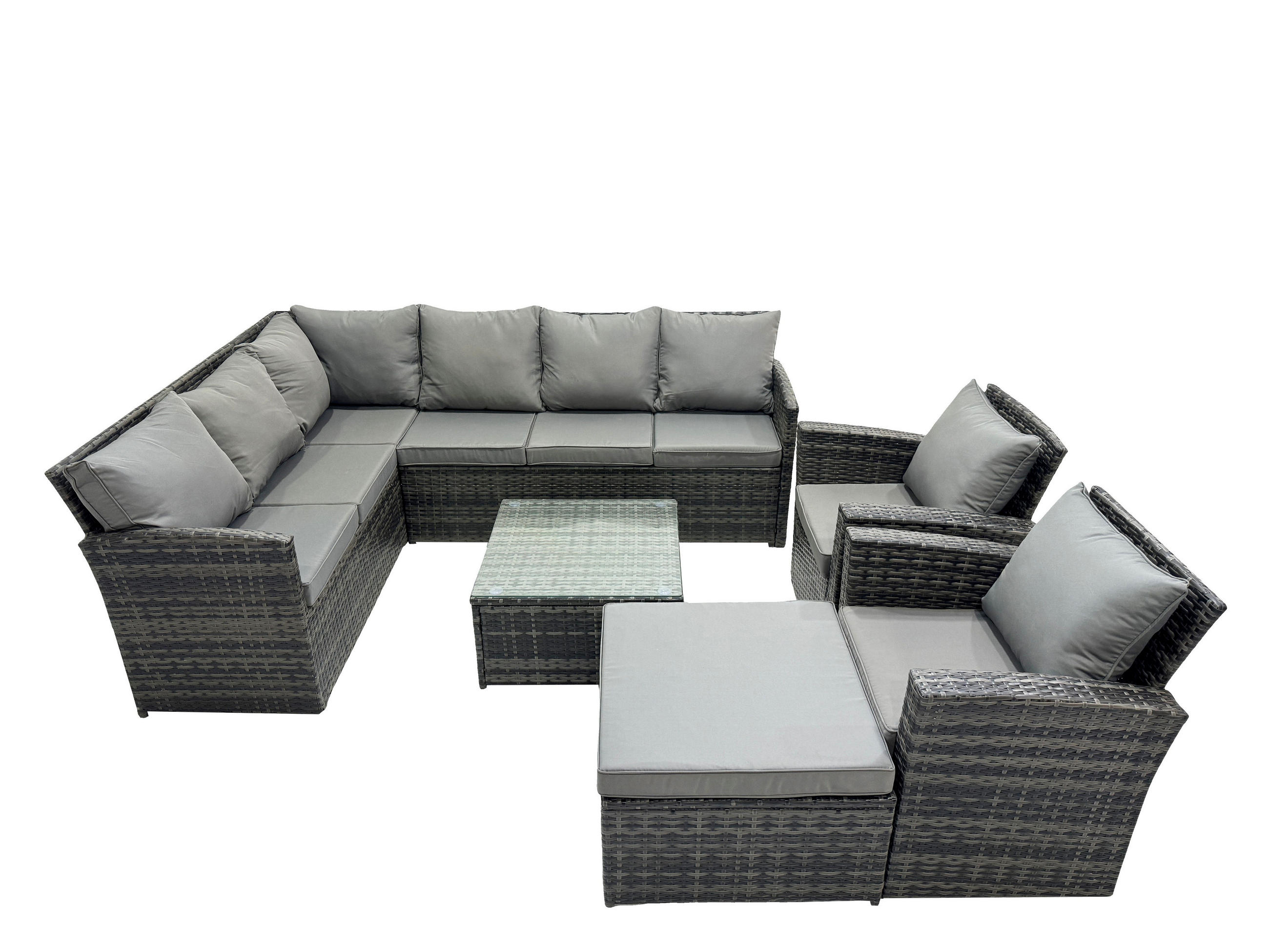 SITZGRUPPE mit Ecksofa,Quadratischer Couchtisch,Hocker,2 Stühle Polyrattan 9-Sitzer - Dunkelgrau/Grau, Glas/Kunststoff - Fimous