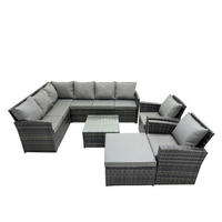 SITZGRUPPE mit Ecksofa,Quadratischer Couchtisch,Hocker,2 Stühle Polyrattan 9-Sitzer - Dunkelgrau/Grau, Glas/Kunststoff - Fimous
