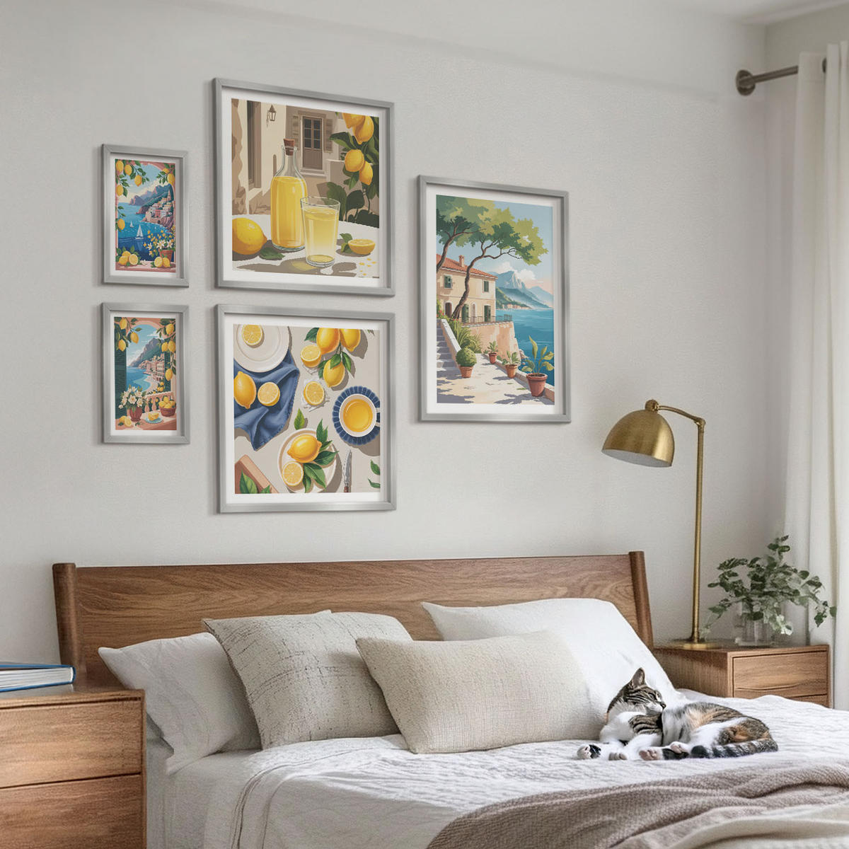 WANDBILDER 5er Set - 50x50 cm & 20x30 cm & 40x60 cm Silberner Rahmen - Olivenblüten in Vasen Natur - Silberfarben, Kunststoff (40/60cm) - ArtPrintCave