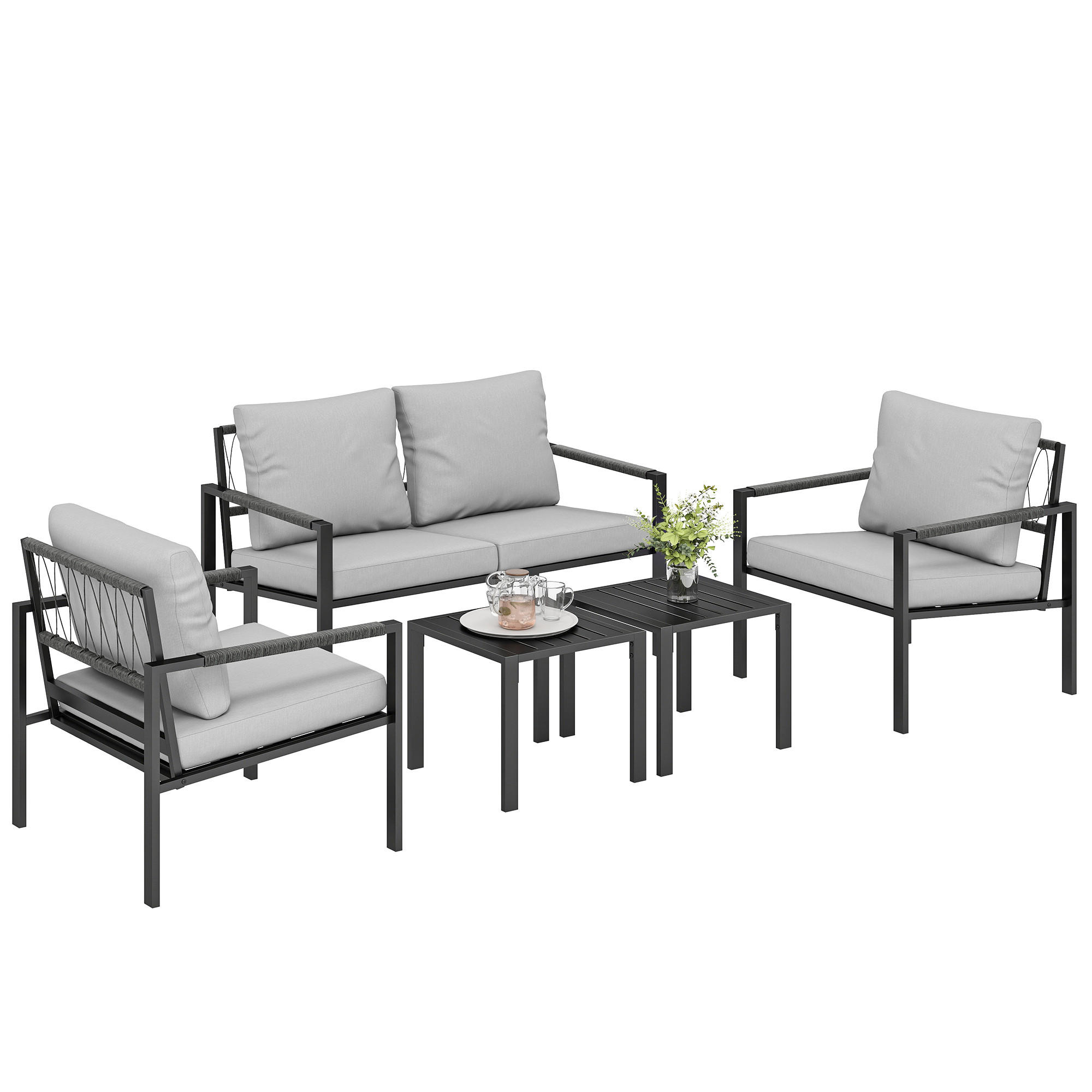 GARTENMÖBEL SET DE-06590, 2er Sofa, 2 Sessel, Sitzkissen, Beistelltisch Hellgrau - Hellgrau, Textil/Metall - ComfortXL