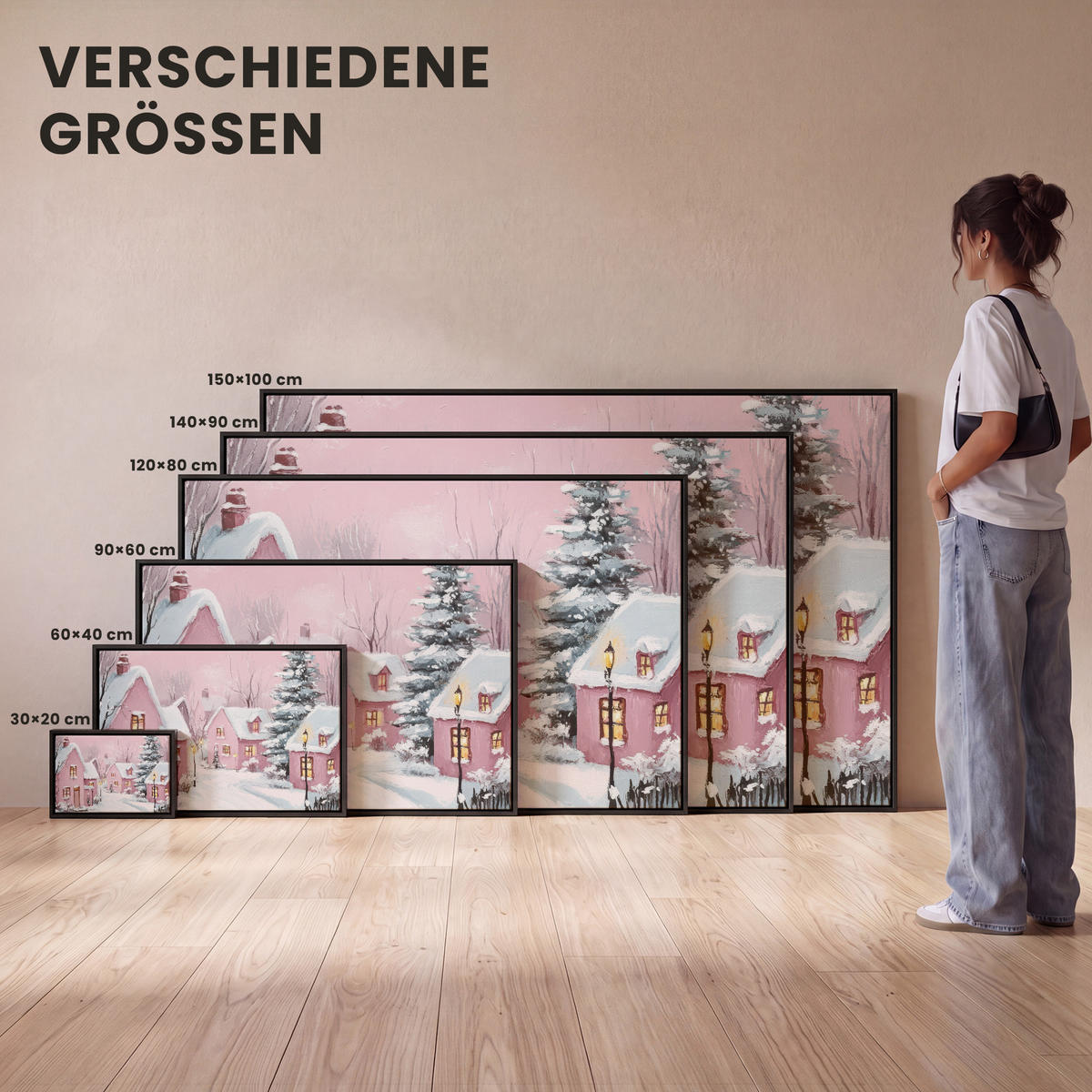 LEINWAND Bilder mit Rahmen - Weihnachtsdorf - Rosa - Winter - Schnee - Häuser - 30x20 - Altrosa, Textil (30/20cm) - MuchoWow