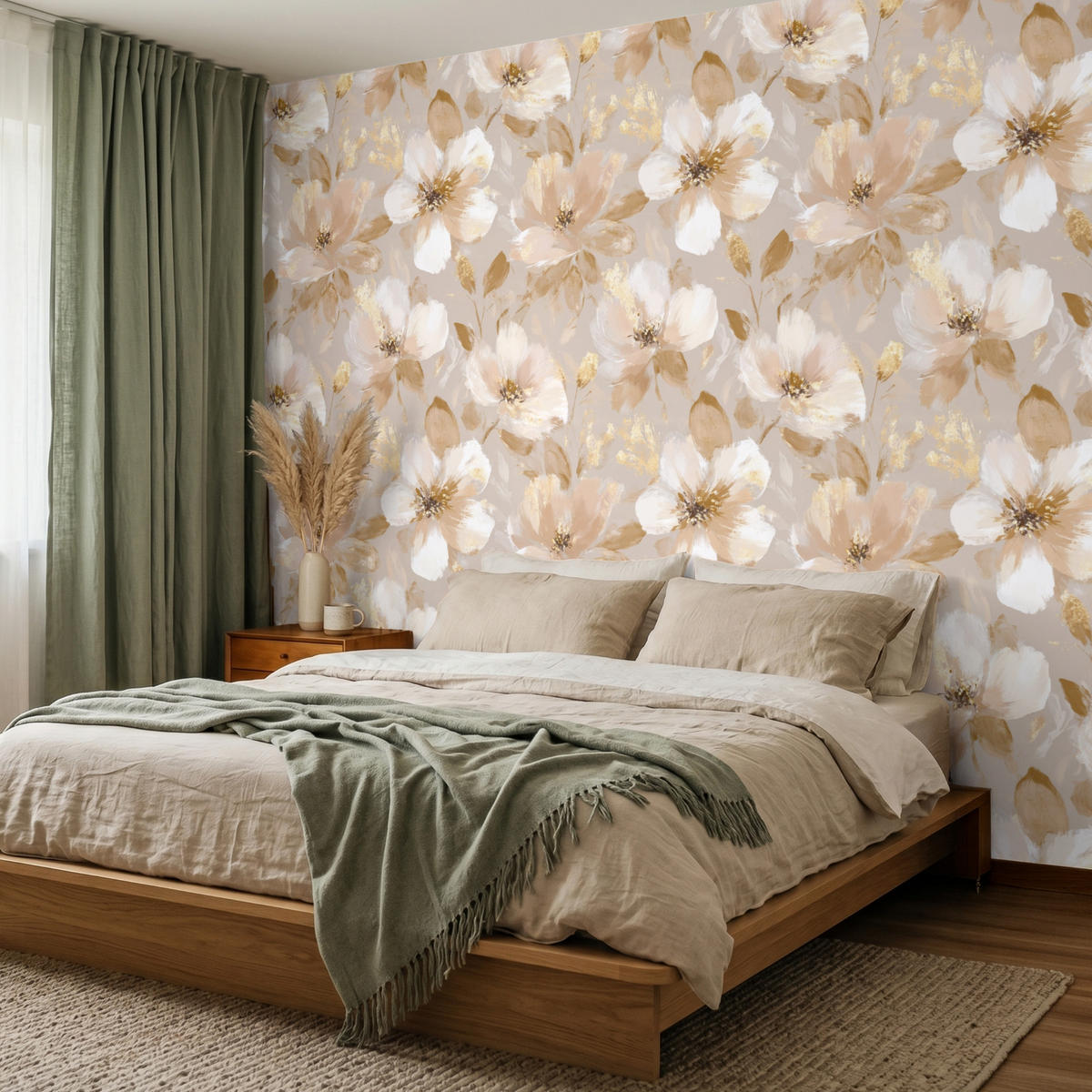 TAPETE - Blumen - künstlerisch - Gold - 260x220 cm - Beige, Papier (260/220cm) - OnlyWow