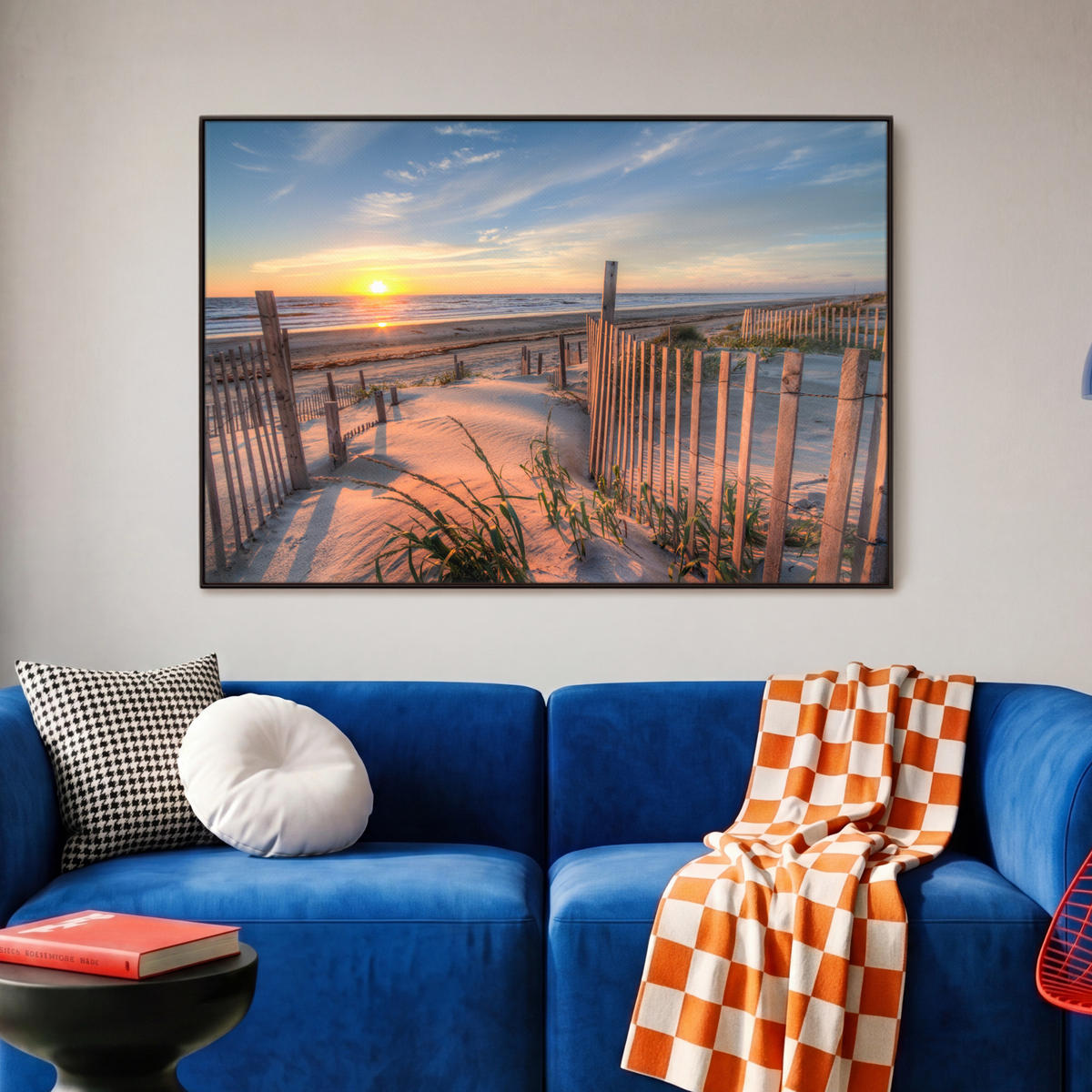 LEINWAND Bilder mit Rahmen - Strand - Meer - Düne - Sonnenuntergang - Landschaft - 90x60 - Beige, Textil (90/60cm) - MuchoWow