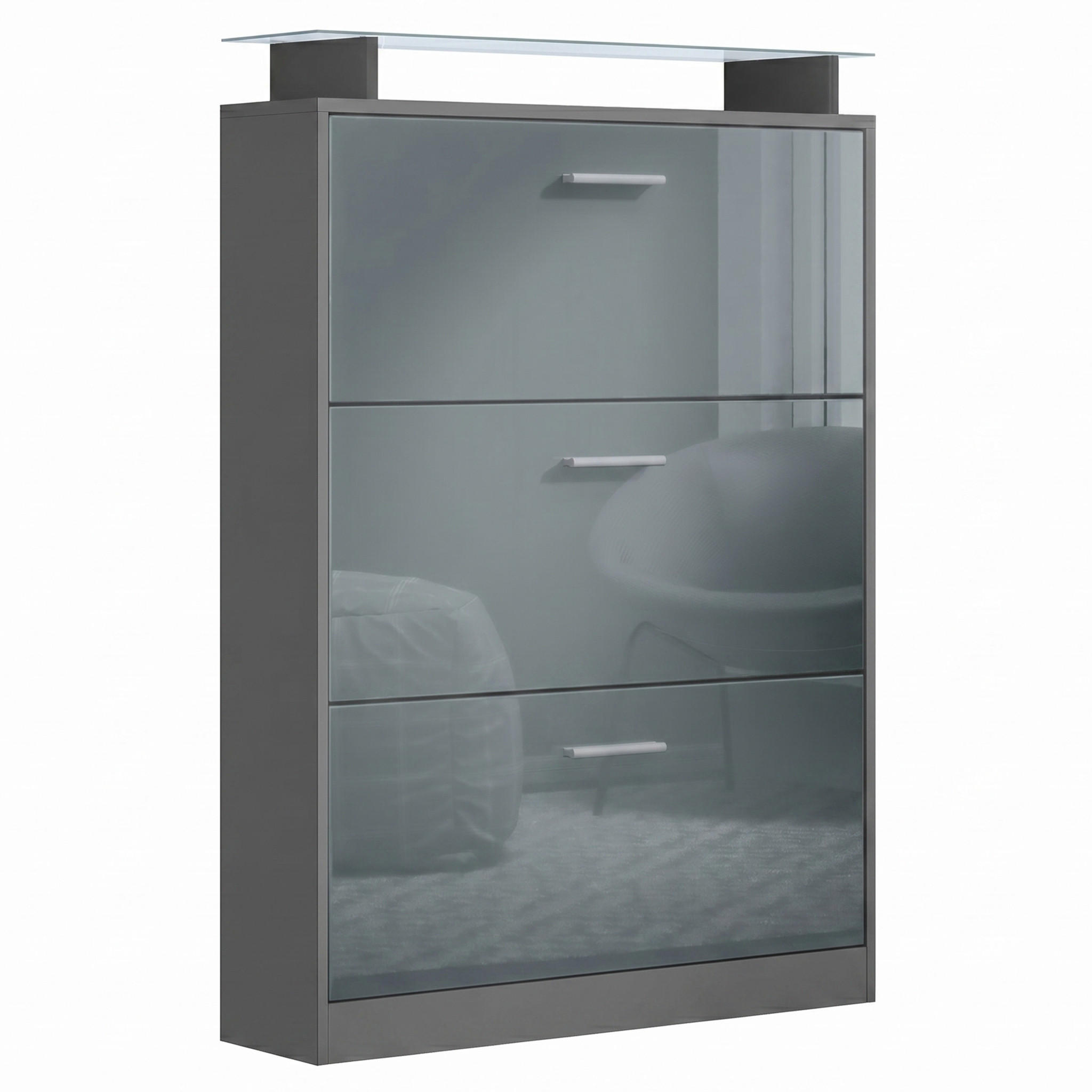 SCHUHSCHRANK Lavia Front in Grau Hochglanz - Grau, Holzwerkstoff (89/128/23cm) - Vladon