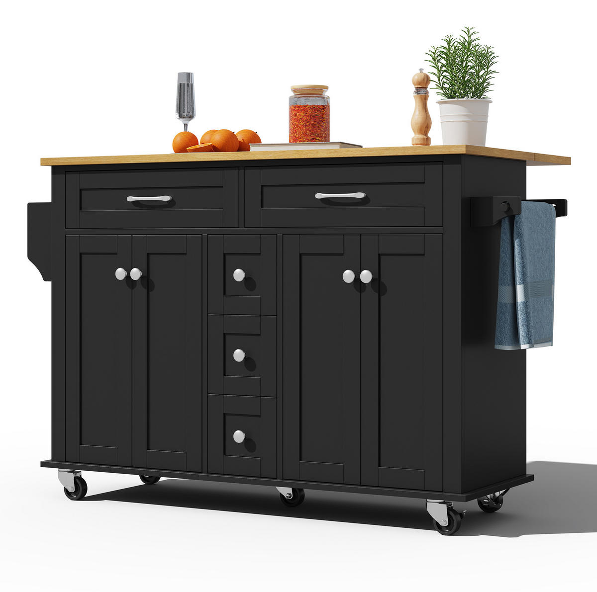 KÜCHENWAGEN 140/40/89 cm in Schwarz/Natur mit Klappplatte und 5 Schubladen - Schwarz, Holzwerkstoff (140/89/65cm) - Flora Grace