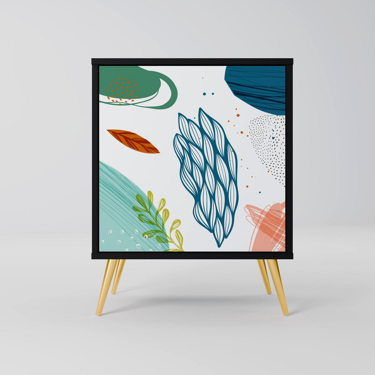 SIDEBOARD BOTANICAL HURRICANE, Schwarz, 57,5x42x67,5 cm, Schwarze Metall-Rahmenfüße - Multicolor/Schwarz, Holzwerkstoff/Metall (57.5/67.5/42cm) - SpaceRebels
