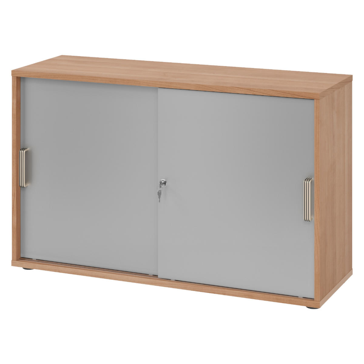 SCHIEBETÜRENSCHRANK - 2 Ordnerhöhen 40/120/74,8 cm in Nussbaumfarben/Silberfarben Streifengriff (Kunststoff) - Silberfarben/Nussbaumfarben, Holzwerkstoff (120/74.8/40cm) - bümö