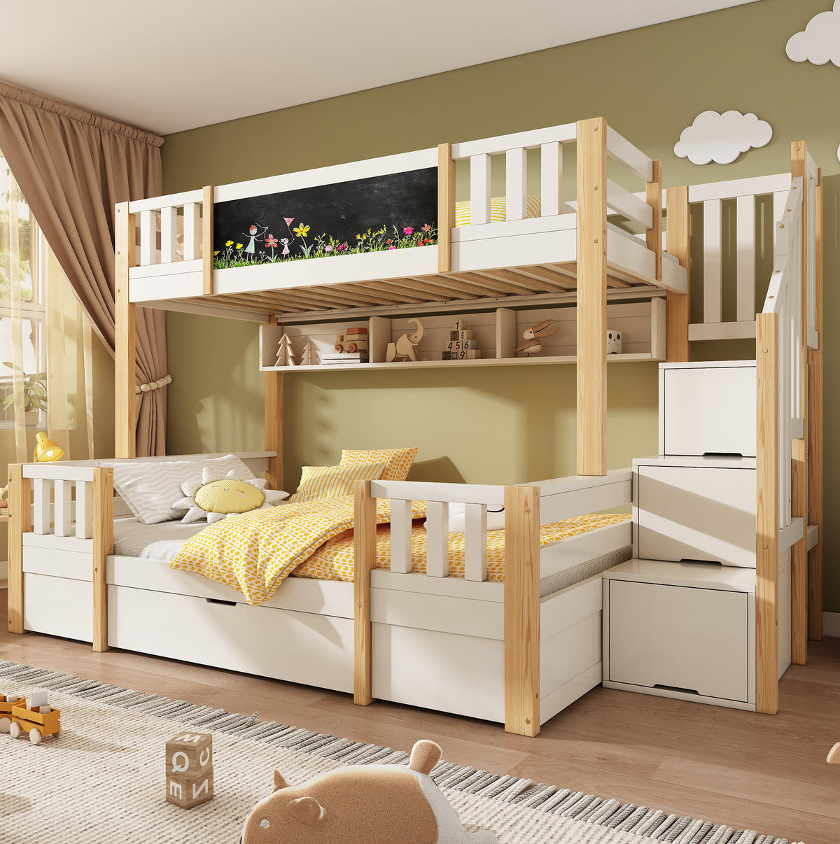 ETAGENBETT 90/200 & 140/200 cm aus Massivholz, MDF und Metall mit Kreidetafel und Stauraumtreppe Weiß/Natur - Naturfarben, Holz (90/200cm) - Modenvie