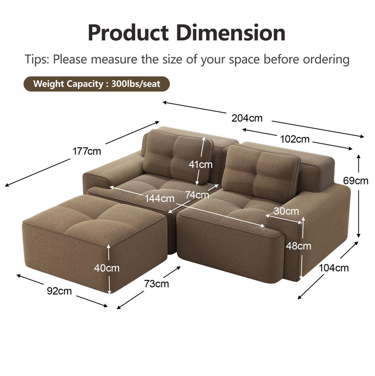 ECKSOFA aus Cord in Braun mit Tiefsitz & flexiblem Moduldesign - Braun, Textil (177/204cm) - Modfu