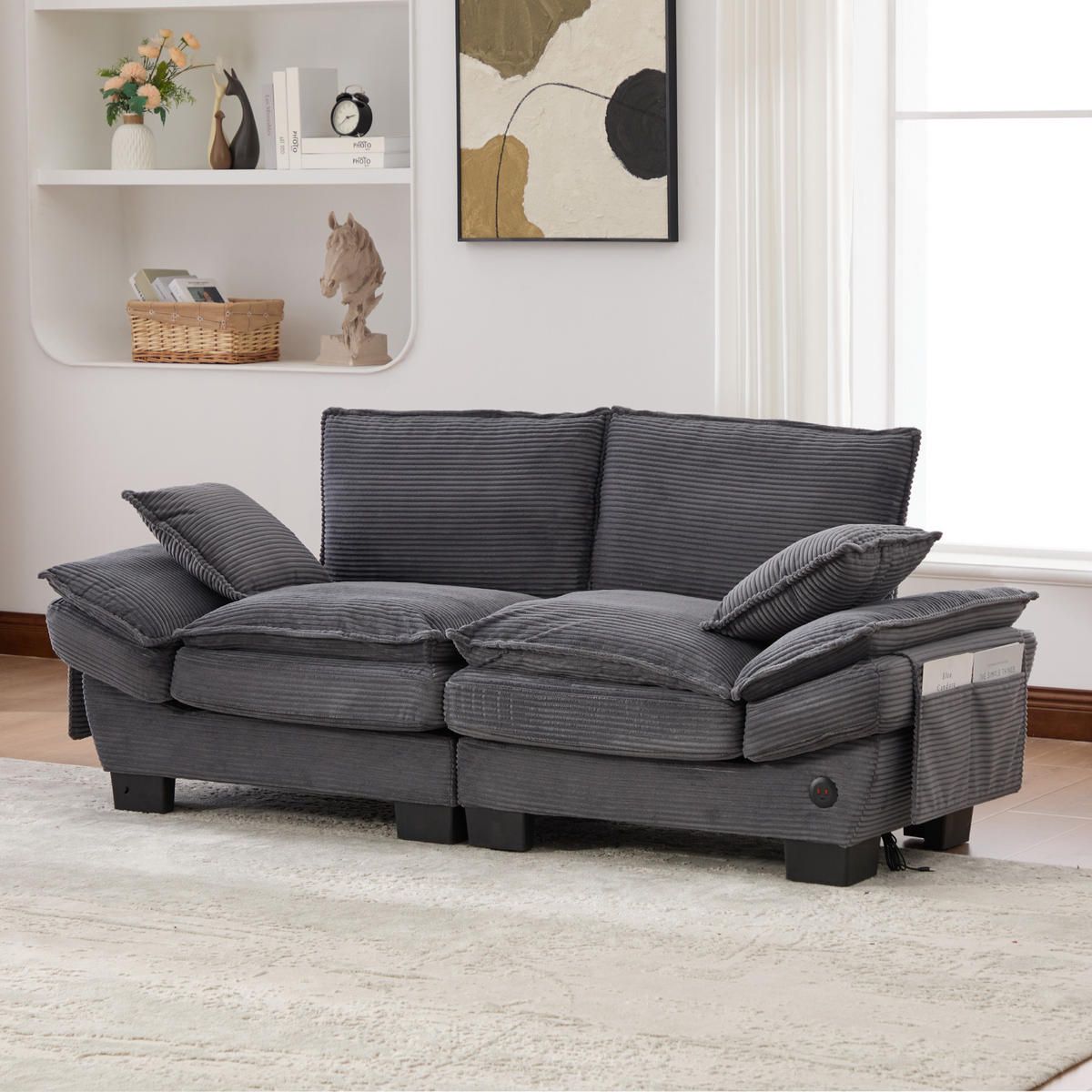 2-SITZER Sofa aus Cord 190x73x84 cm mit USB-C & Seitentaschen, dunkelgrau - Dunkelgrau, Textil (73/84/190cm)