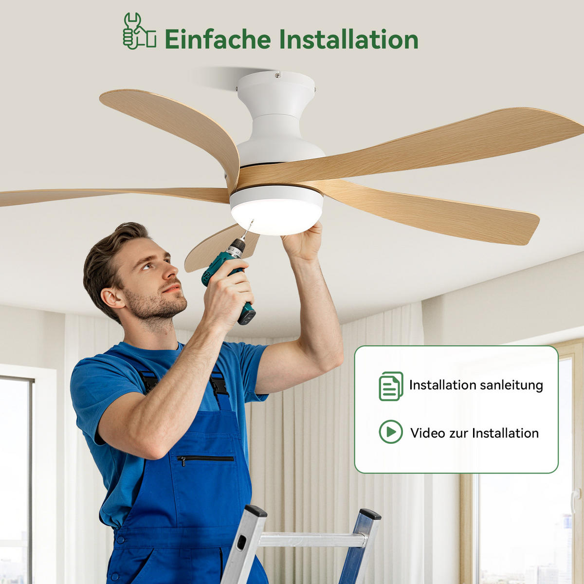 DECKENVENTILATOR 132cm Direktmontage LED Licht 5 Flügel DC Motor - Weiß, Kunststoff (132/132/30.5cm) - CASIVA