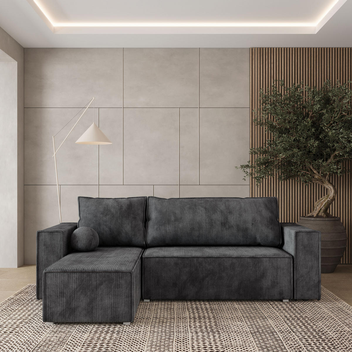 ROHOVÁ SEDAČKA RAVELO grafitová - šedá/grafitová, dřevo/textil (240/140cm) - MASSENO