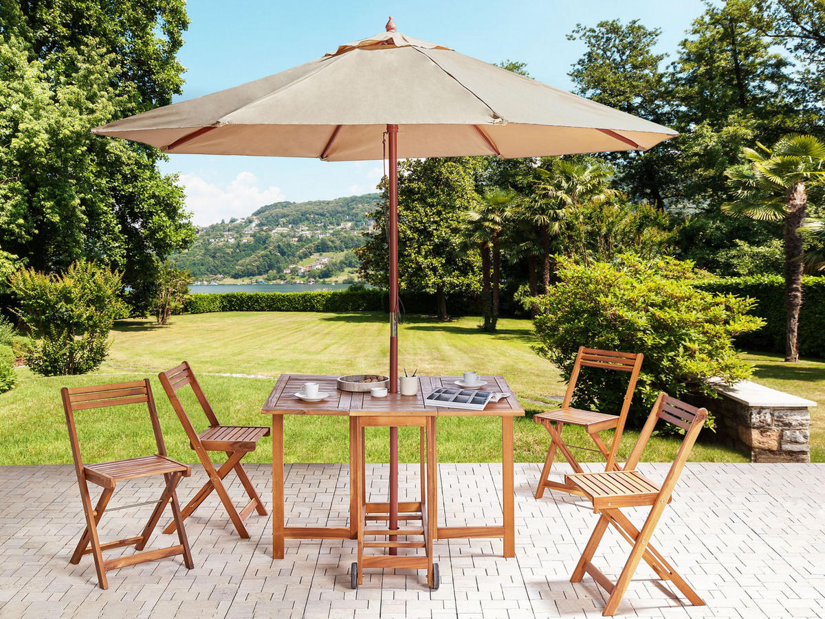 GARTENMÖBEL SET 4-Sitzer Akazienholz mit Sonnenschirm hellbraun Frassine - Hellbraun, Holz - Beliani