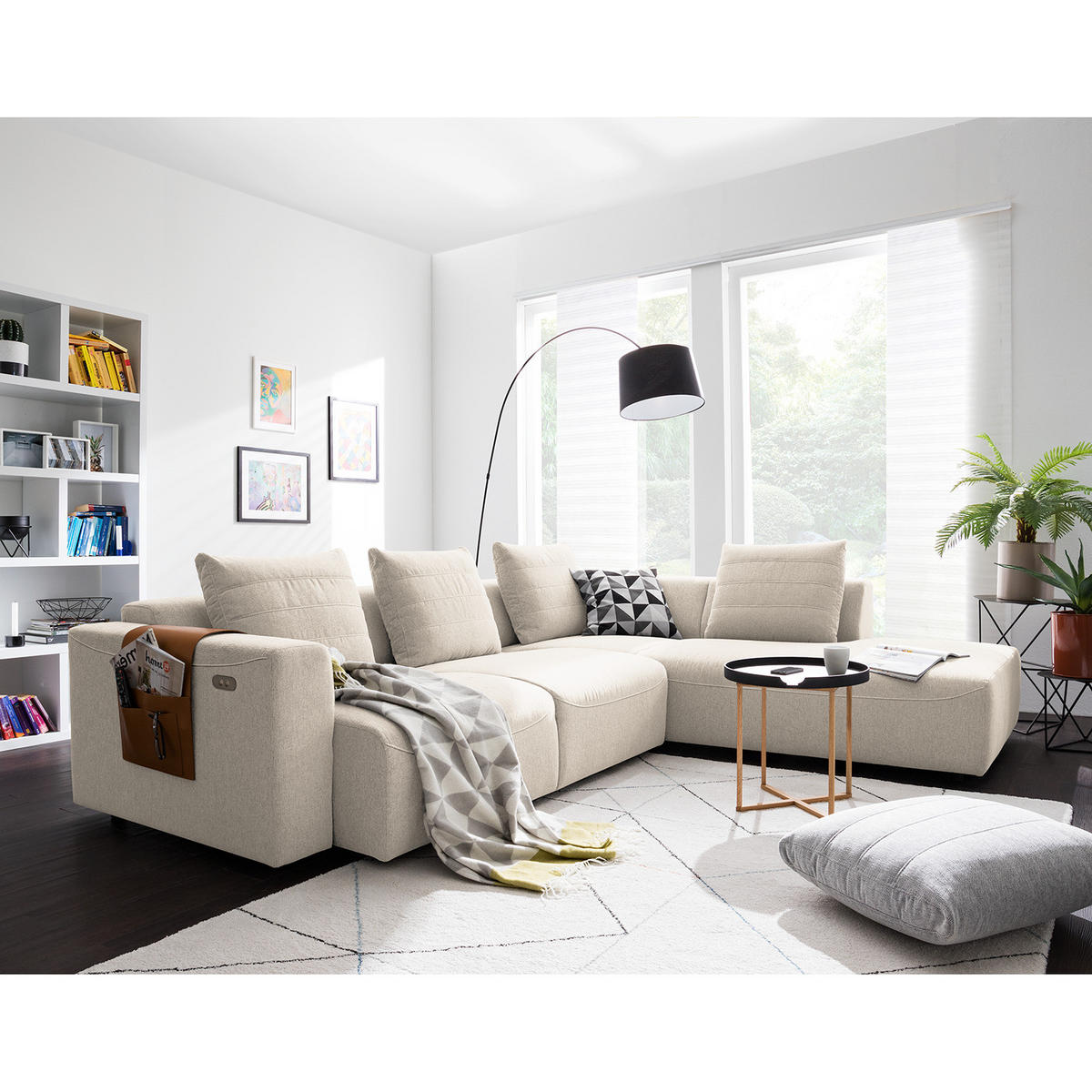 ECKSOFA mit Ottomane - Webstoff - Beige/Schwarz, Kunststoff/Textil (283/237cm) - home24