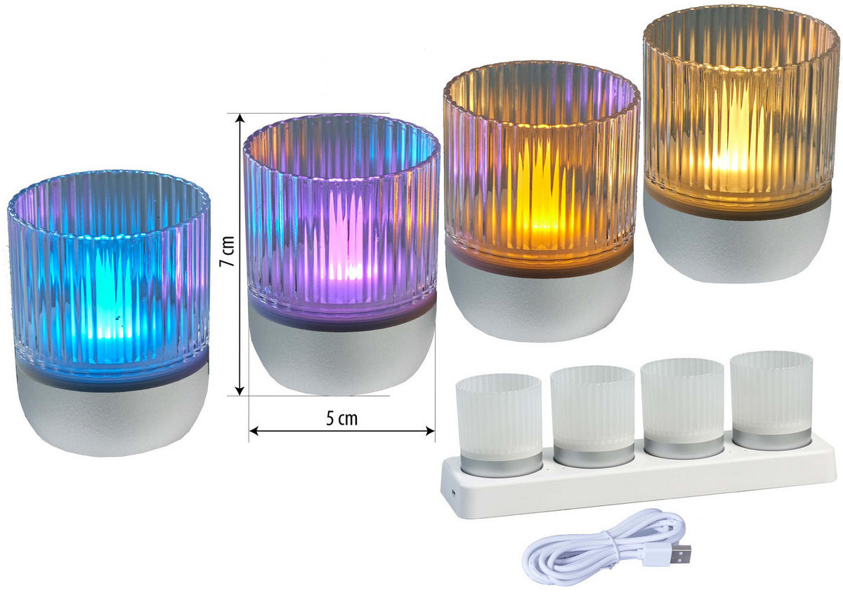 LED-AKKU-LOUNGE-LIGHTS - kabellos mit Touchsensor für Innen und Außen, RGBW Flackereffekt, 4er-Set - Silberfarben, Kunststoff (5/5/7cm) - Northpoint