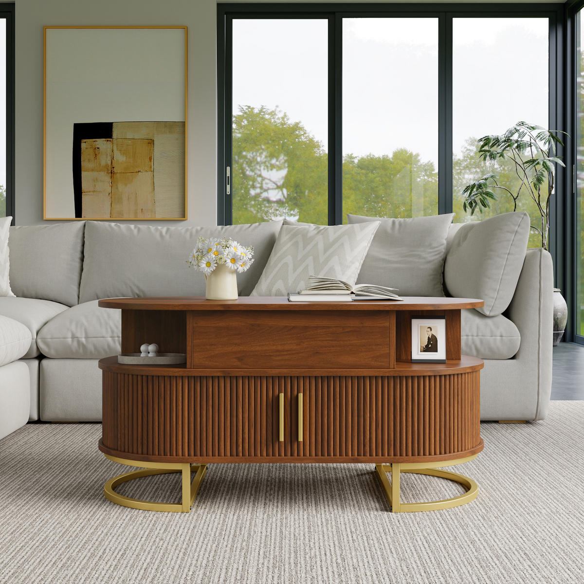 COUCHTISCH 100/50/64 cm, Nussbaum, höhenverstellbar, mit Stauraum und Schiebetüren - Walnussfarben/Schwarz, Holzwerkstoff/Metall (50/100/64cm) - CHICFURN