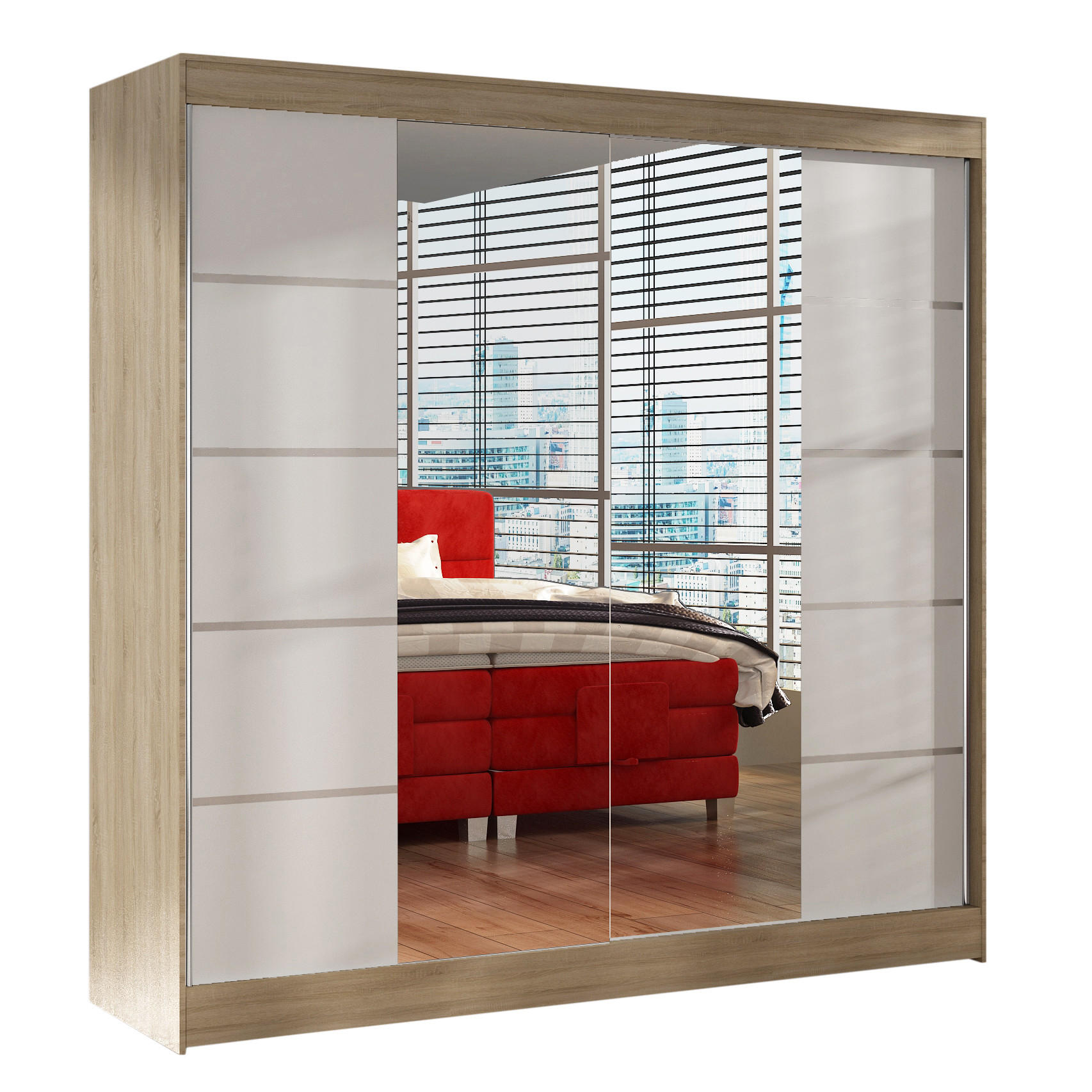 SCHWEBETÜRENSCHRANK Basti V - 200 cm - Beige/Weiß, Holzwerkstoff/Metall (200/215/58cm) - Sofnet