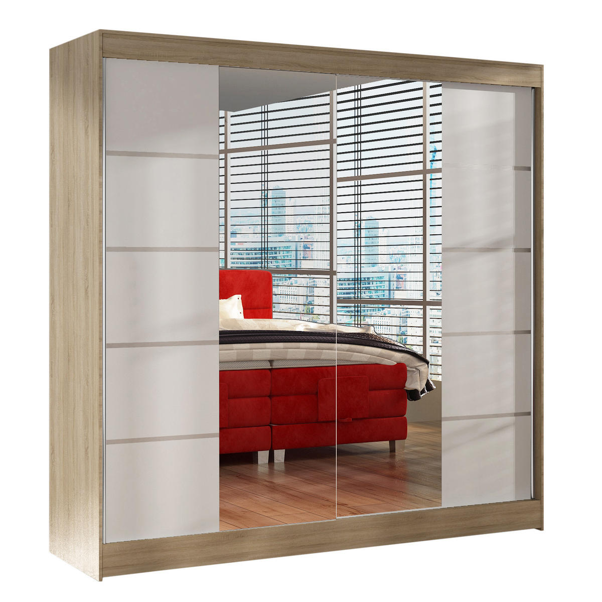SCHWEBETÜRENSCHRANK Basti V - 200 cm - Beige/Weiß, Holzwerkstoff/Metall (200/215/58cm) - Sofnet