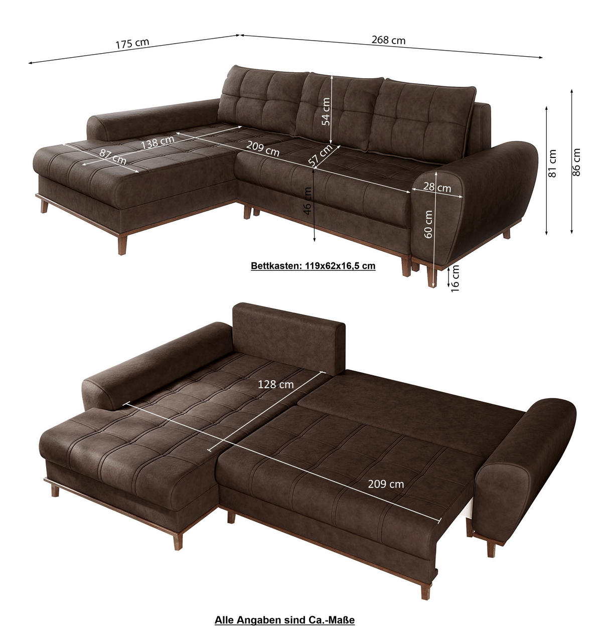 ECKSOFA im Scandi-Stil, Schlaffunktion, Bettkasten B268/T175/H86 cm, Ottomane links, Liegefl. 128x209 cm, Mikrofaserstoff in Vintage Braun / 21018 - Eichefarben/Braun, Holz/Textil (268/175cm) - luma-home