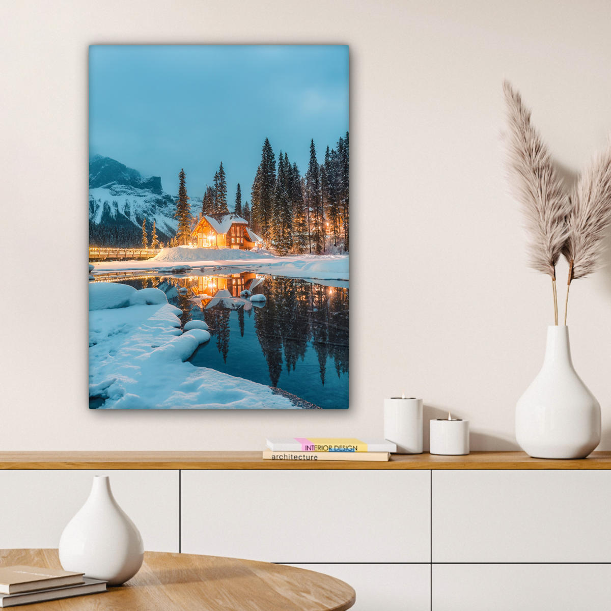 LEINWANDBILD Winterlandschaft - Natur - Haus - Berge - Schnee Wandbild Wohnzimmer 60x80 cm - Hellblau, Textil (60/80cm) - MuchoWow