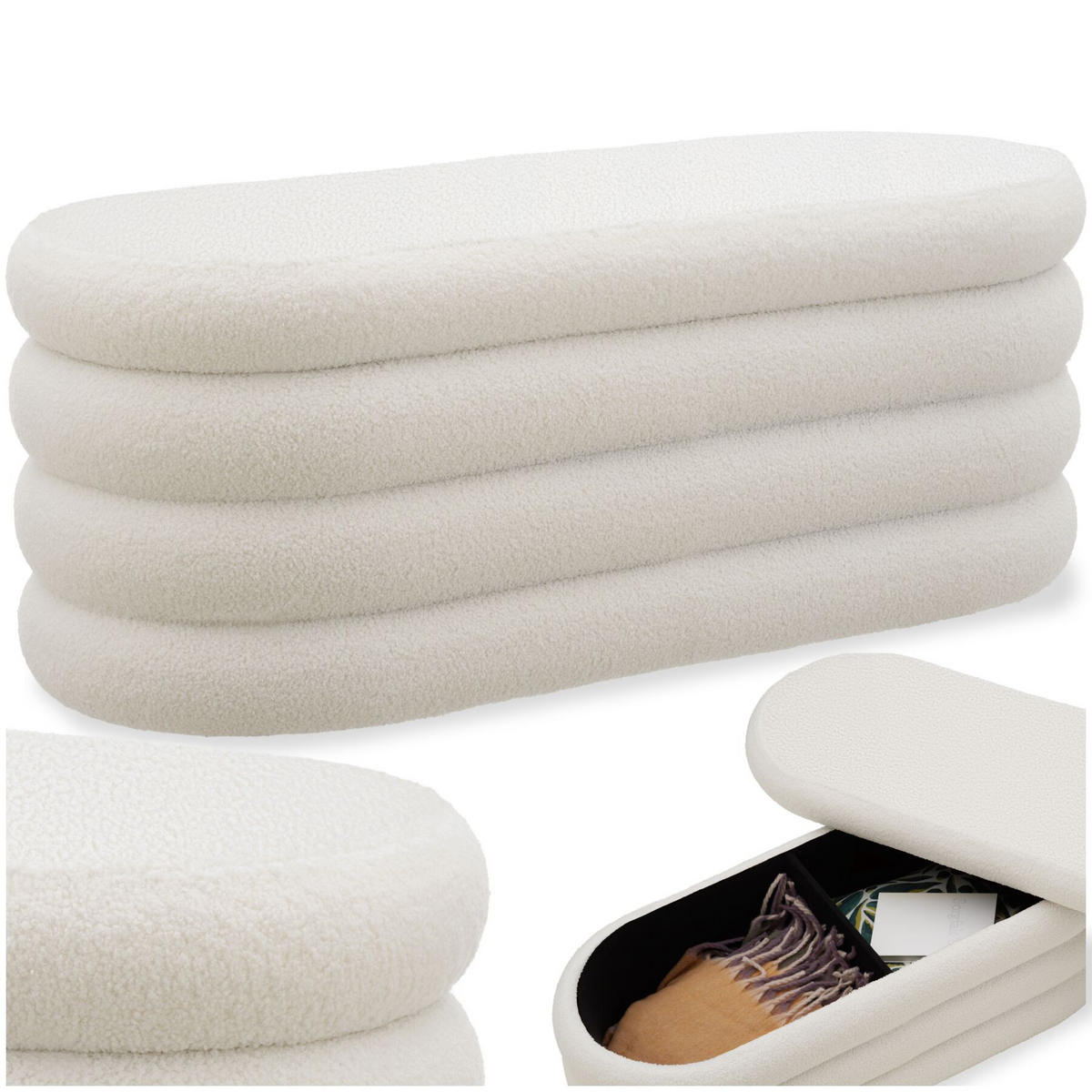 TRUHENBANK Altu,110 x 45 x 42 cm,Bouclé creme-weiß - Creme/Weiß, Holz (110/42/45cm) - tectake