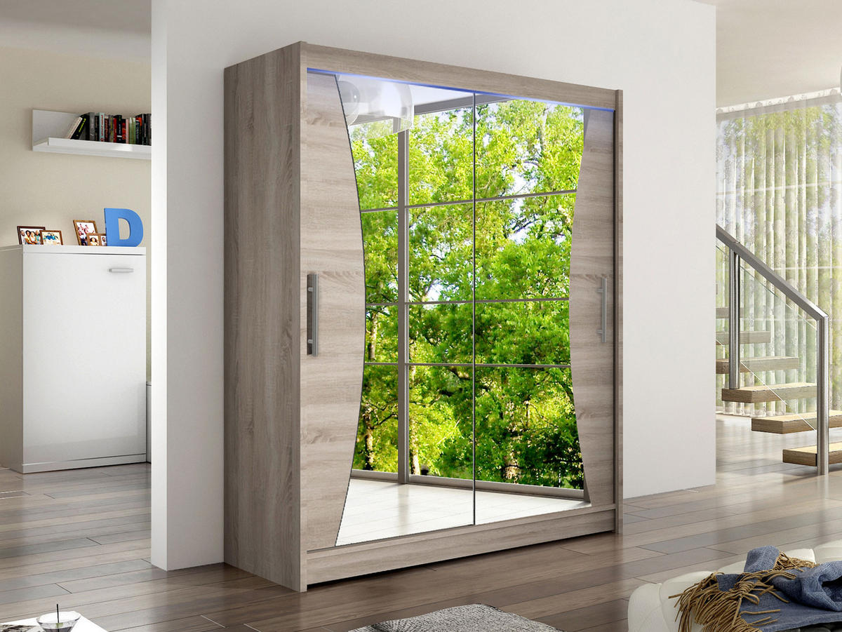 SCHWEBETÜRENSCHRANK Westa IX, mit RGB LED Beleuchtung - Silberfarben/Trüffeleichefarben, Holzwerkstoff/Metall (150/200/58cm) - MIRJAN24