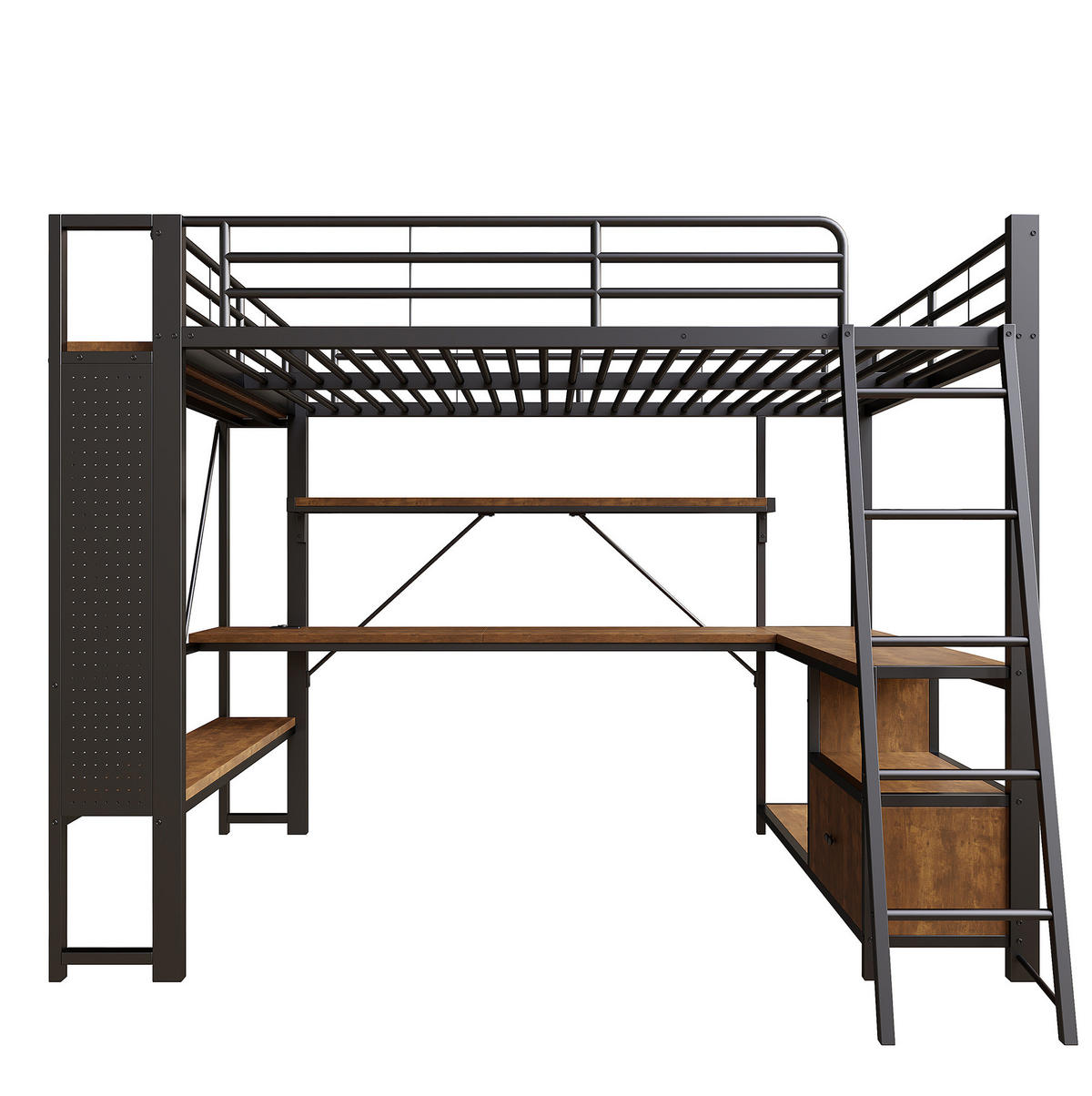 HOCHBETT aus Metall 140x200 cm Schwarz mit LED-Beleuchtung, USB-Anschluss, Schreibtisch und Stauraum - Schwarz, Metall (140/200cm) - Modfu