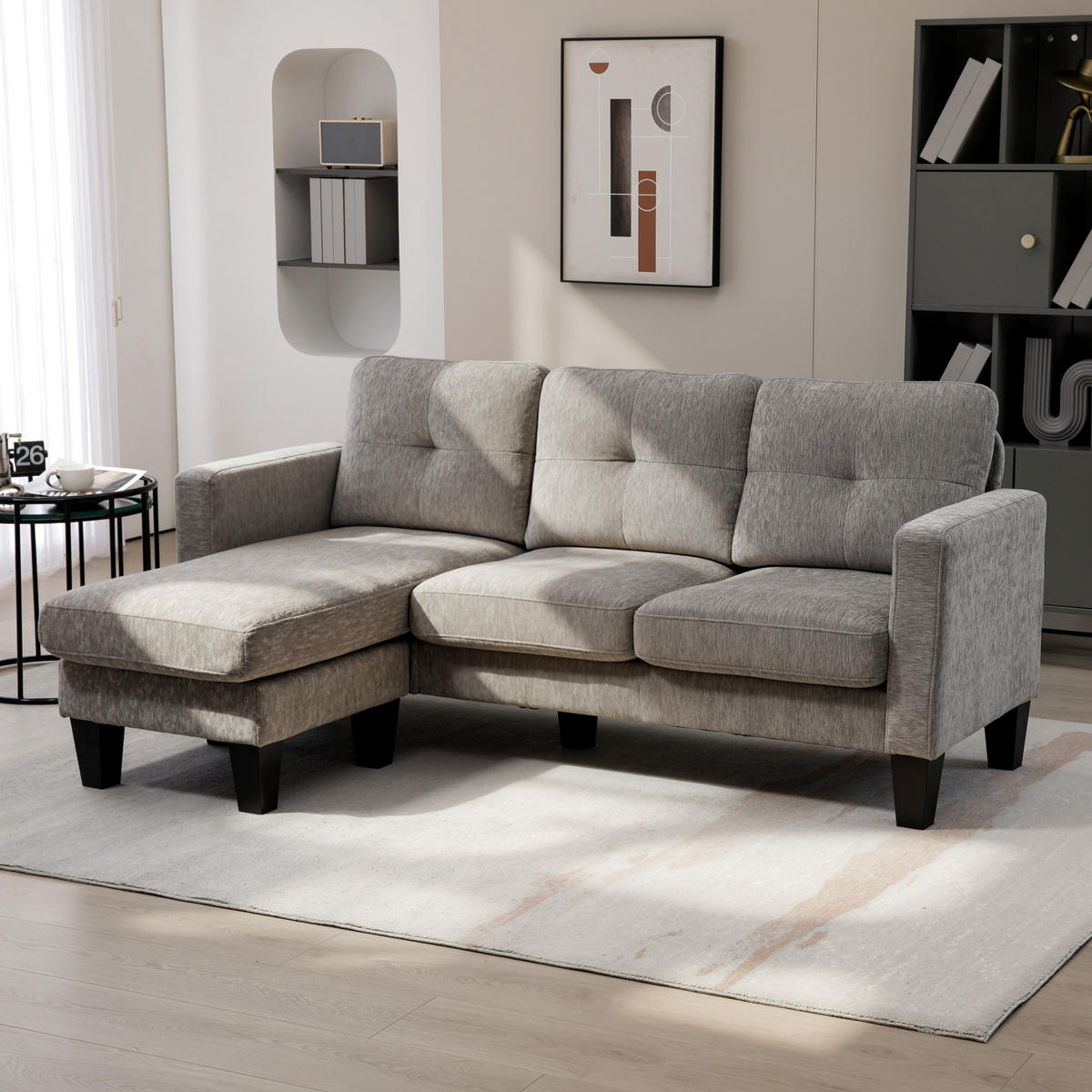 ECKSOFA DE-06499 mit umkehrbarer Chaiselongue, L-Form, Leinenoptik Braun - Braun, Textil/Metall (130/186cm) - ComfortXL
