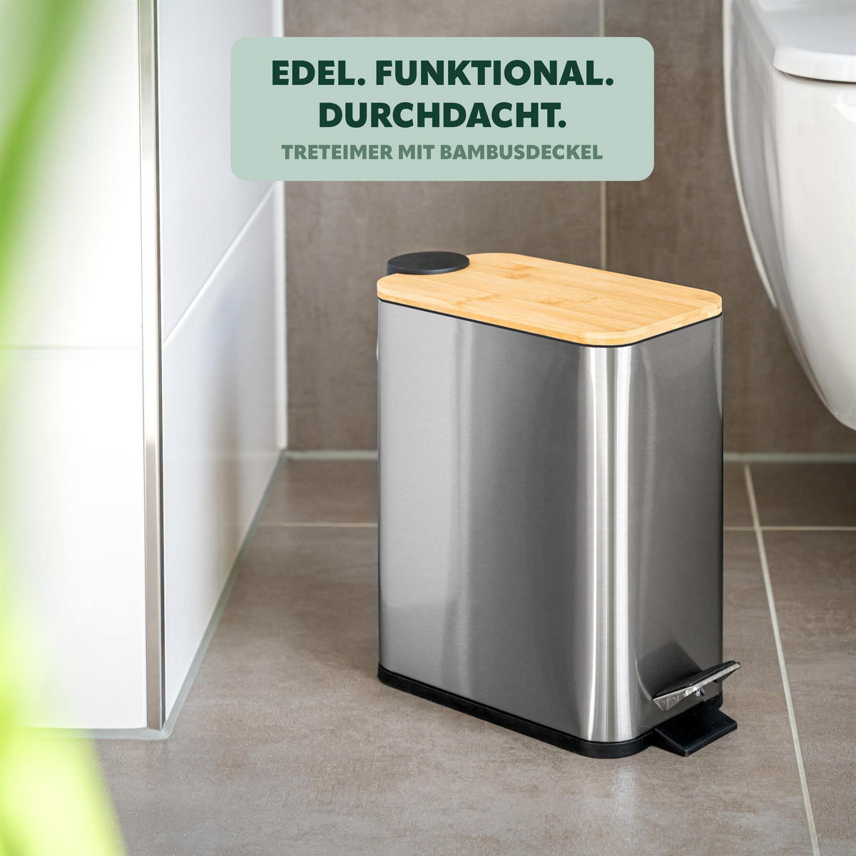 ABFALLEIMER, Edelstahl mit Bambusdeckel - Edelstahlfarben, Metall (14/28.5/30cm) - bremermann
